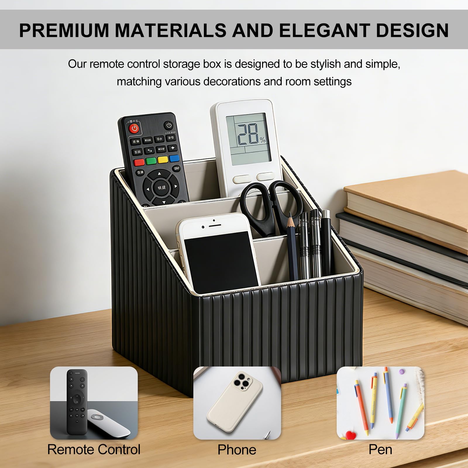 Fernbedienung Halterung mit 3 Taschen,PU Schreibtisch Organizer für Zuhause | Mehrere Fächer,Platzsparend,Schneller Zugriff,Fernbedienungshalter für Büro,Stifte Schreibtisch Aufbewahrung für TV 4K Stick