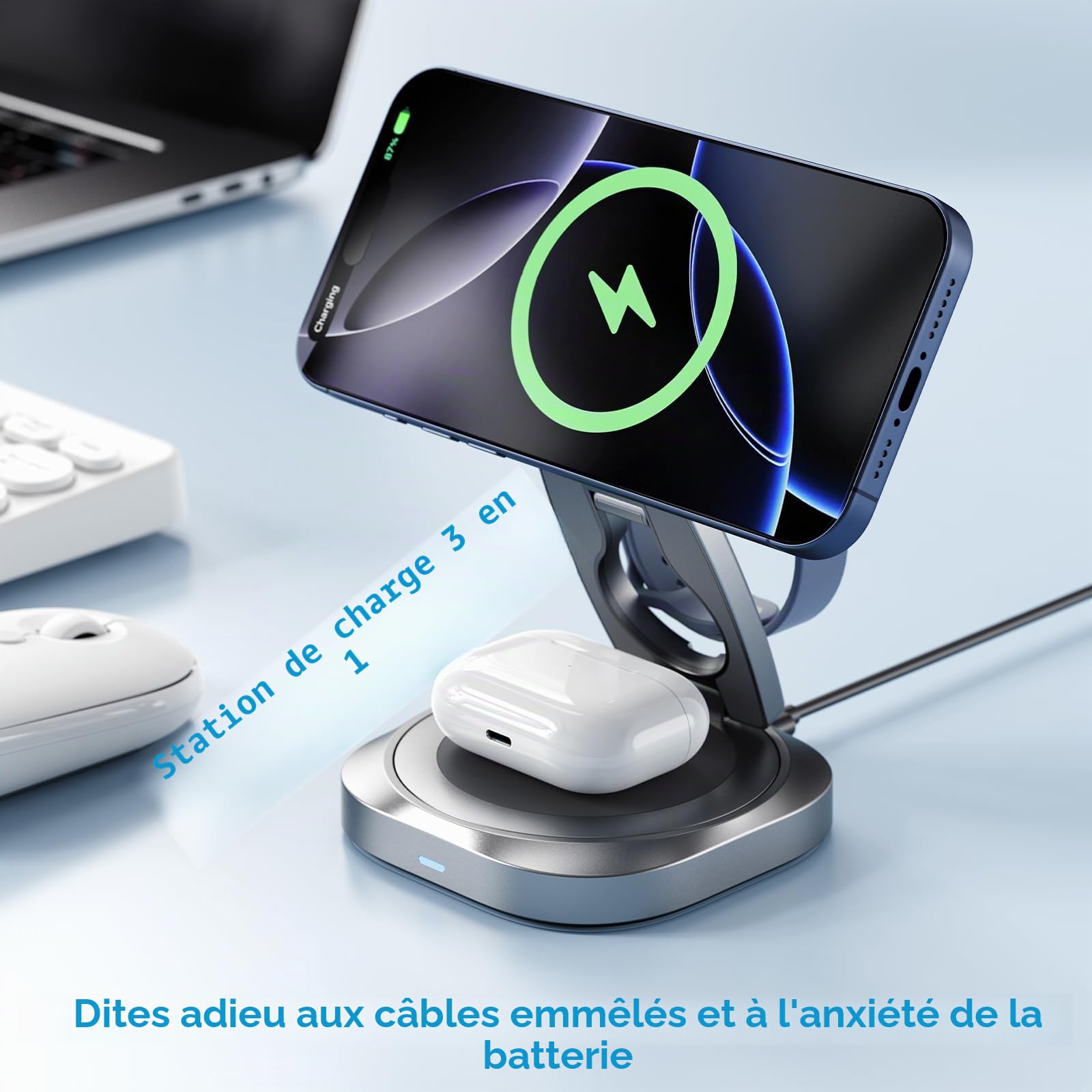 HAVIT Chargeur MagSafe Ultra Compact 3-en-1, Station de Chargement Sans Fil Pliable 15 W pour iPhones, Apple Watch, AirPods et Tous les Téléphones Magnétiquement Compatibles - W3111