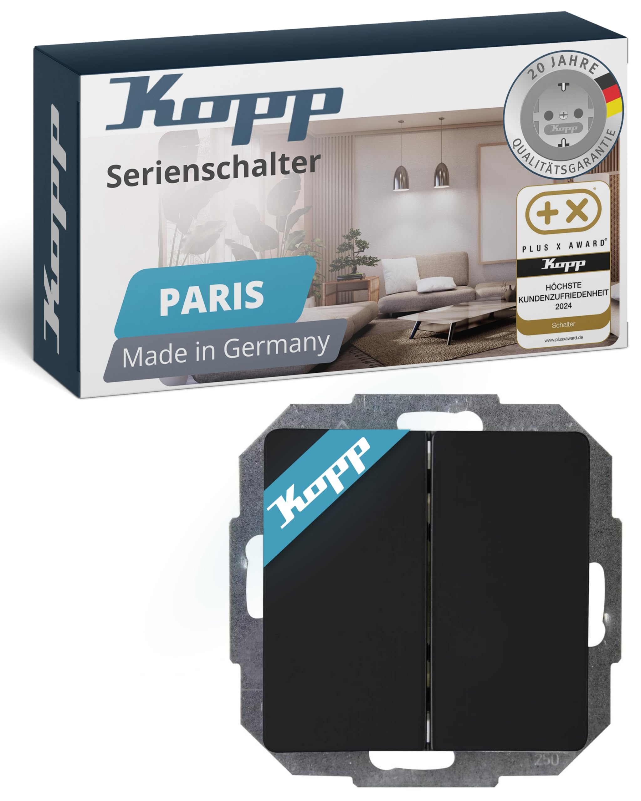 Kopp PARIS Serienschalter in Matt-Schwarz - Hochwertiger Doppel-Lichtschalter mit 10AX Schaltvermögen - IP20 Schalter-Unterputz mit Wippe & Steckklemmen - Stilvoller Doppelschalter 250V~