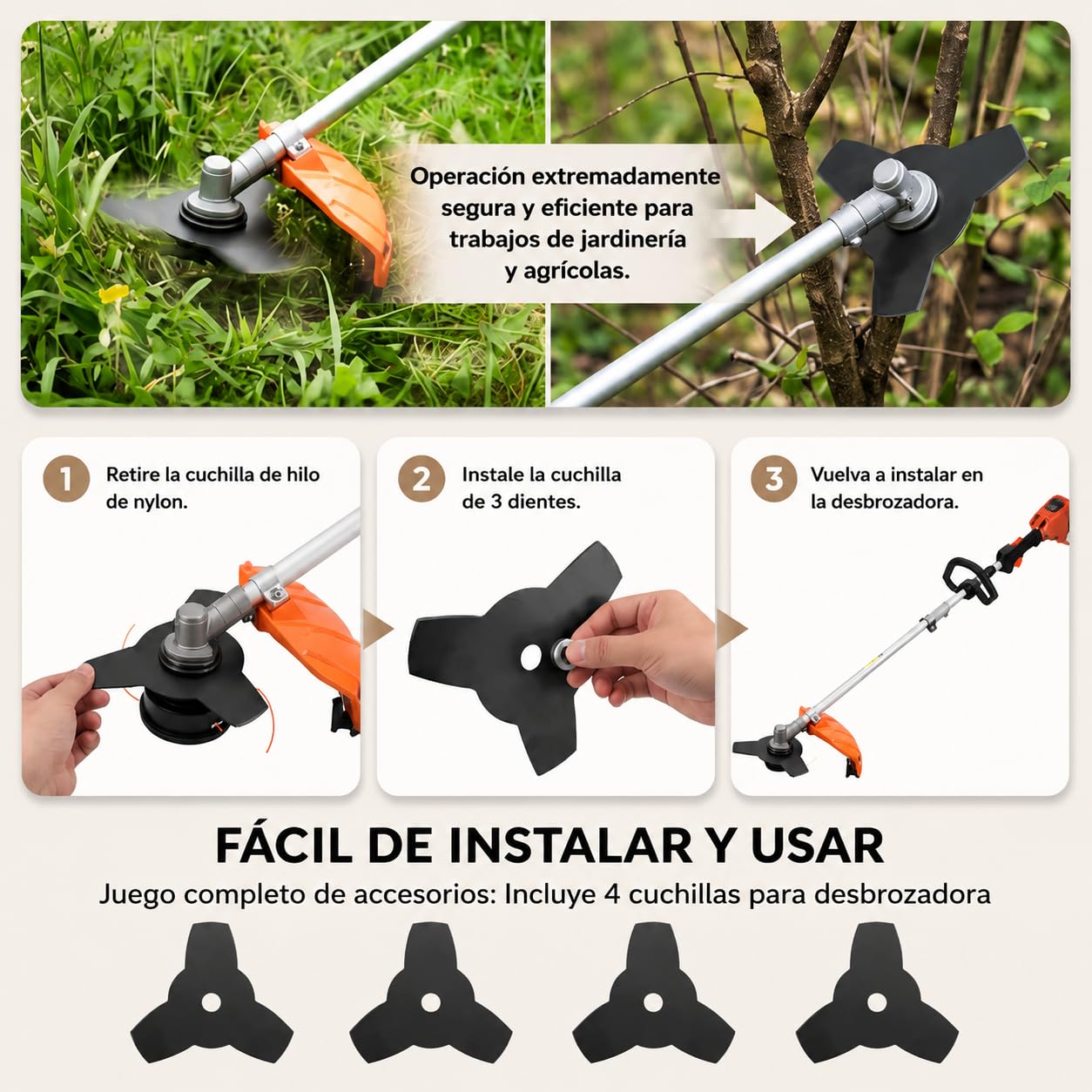4 piezas 3T cuchilla recortadora, herramienta de corte de cepillo de jardín, para cortacésped, accesorios de corte de césped de 10 pulgadas