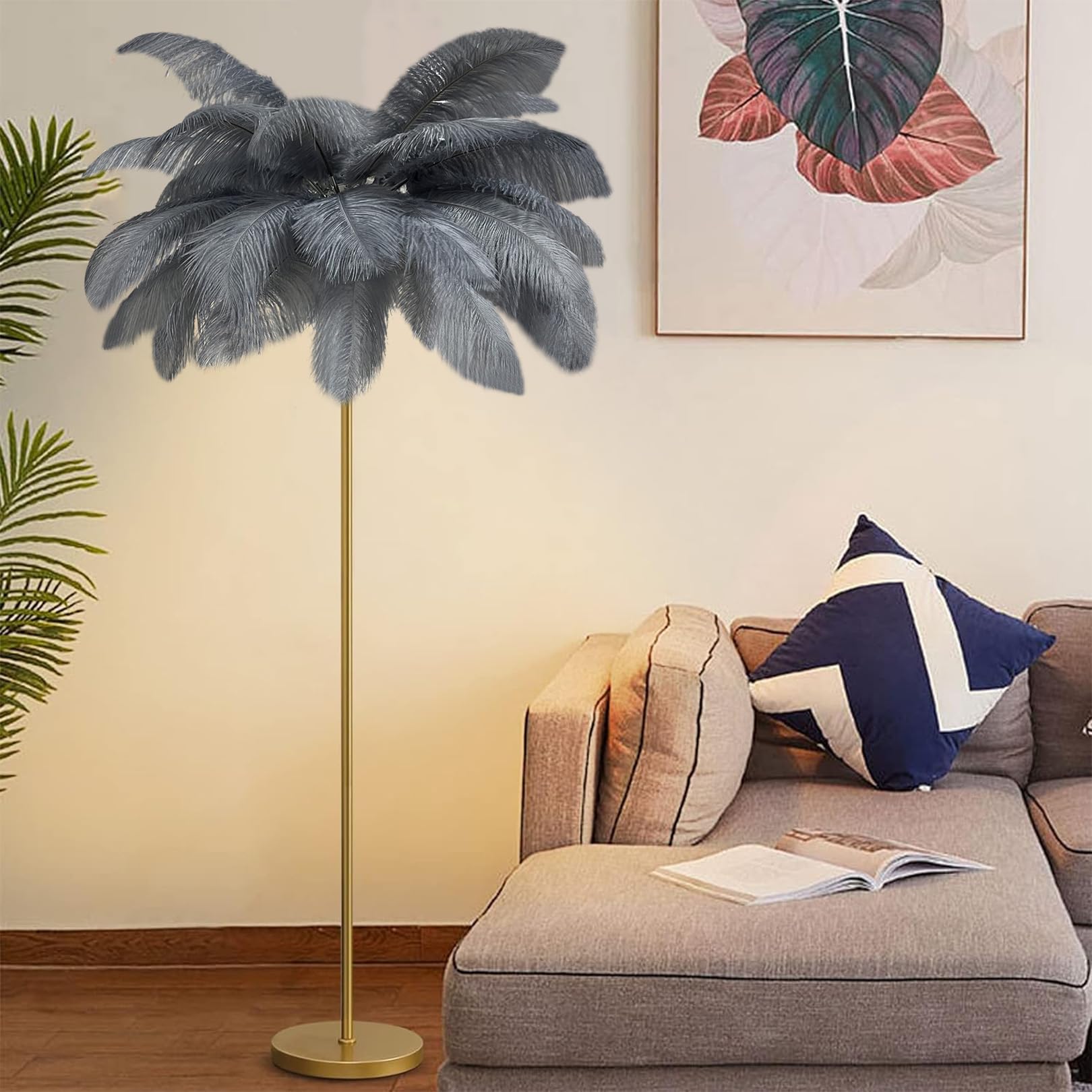 Lampadaire en plumes d'autruche gris avec lampe sur pied LED à intensité variable
