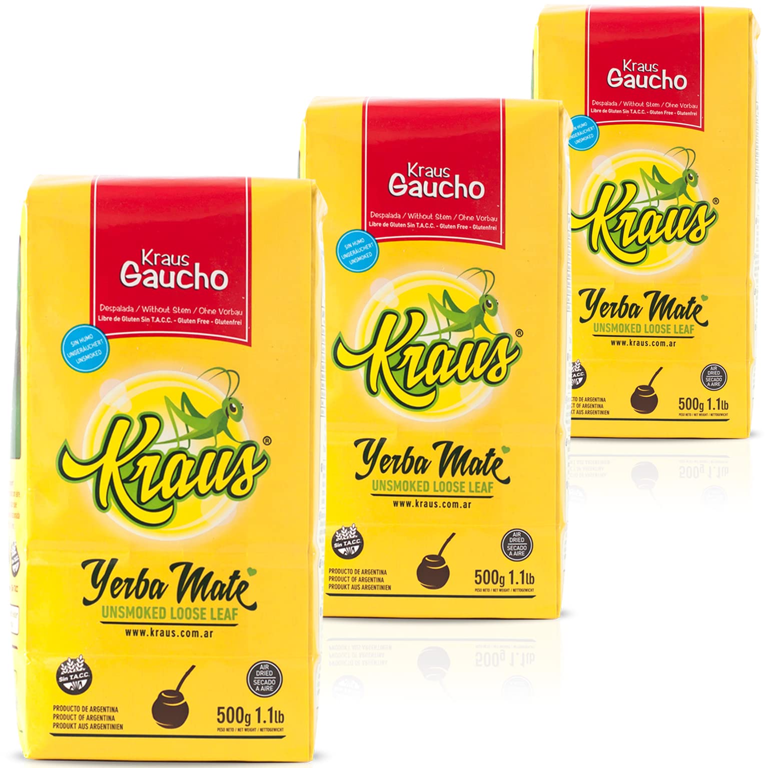Kraus Yerba Mate Tee Gaucho Sin Palo 1.5kg (500g x 3) + Geschenk Probe (40g):Reich an Antioxidantien und Vitaminen, beschleunigt den Stoffwechsel, zuckerfrei | Argentinien