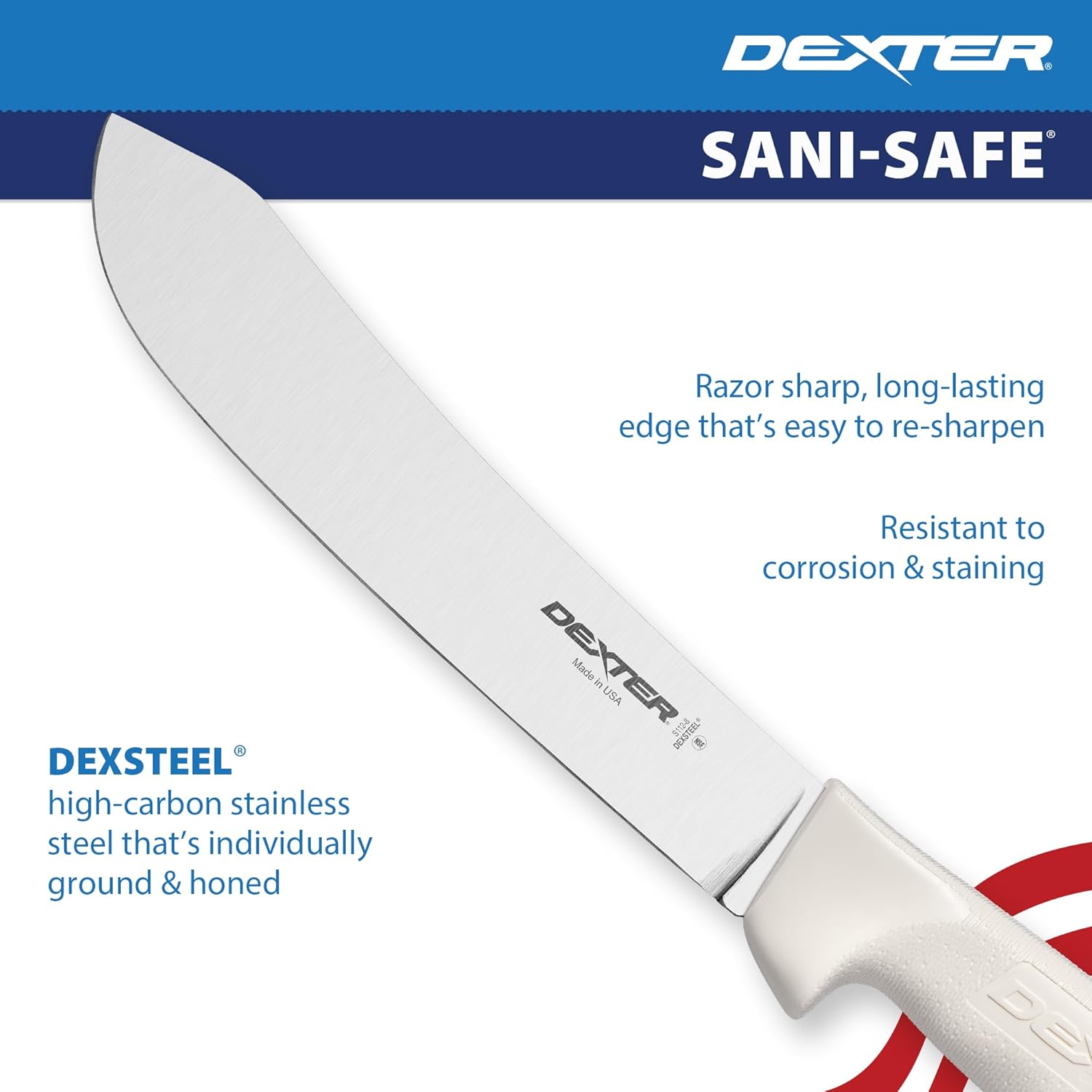 Dexter Outdoors 8” Butcher Knife – S112-8PCP, High-Carbon Steel Blade, Slip-Resistant Grip, SANI-SAFE Series, NSF Certified, Made in USA