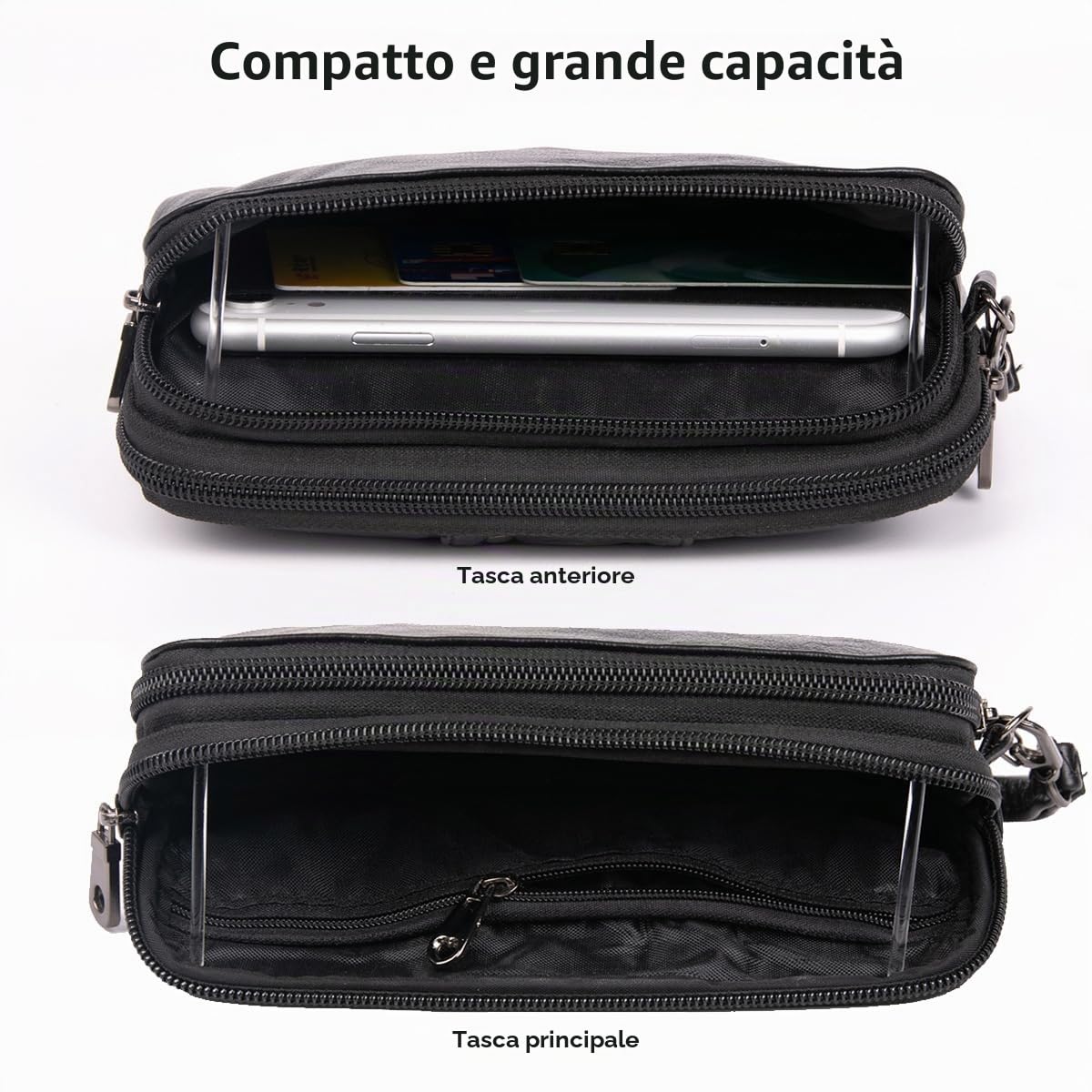 Uomo Pochette Custodia a Fondina da Cintura in Vera Pelle con Cinturino da Polso e Passante per Cintura, Piccolo Borsa Casual Portafoglio per Telefono, Marsupio Multifunzionale per Viaggio Black