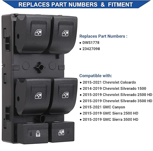 Miniatura 2 de Obaee Botón de control de potencia para interruptor de ventana compatible con Chevy Silverado 1500 2014-2021, Chevrolet Silverado y GMC Sierra 2500