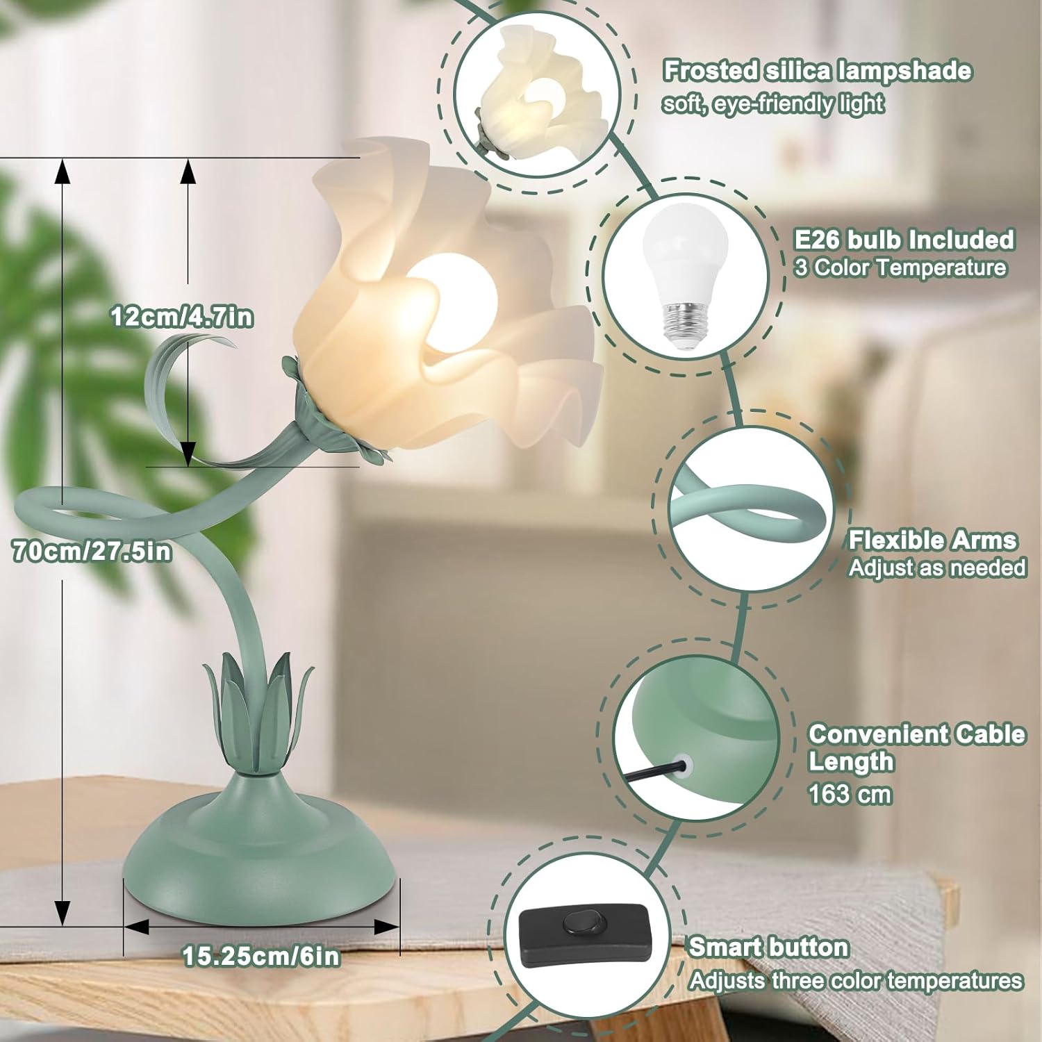 Flower Desk Lamp,LED Reading Light Bedside Vintage Flower Night Light,3 Colors Modes Cute Bedside Lamps Decor,Living Room Bedroom Room Kawaii Lighting Table Lamps Home Decoration (Green)