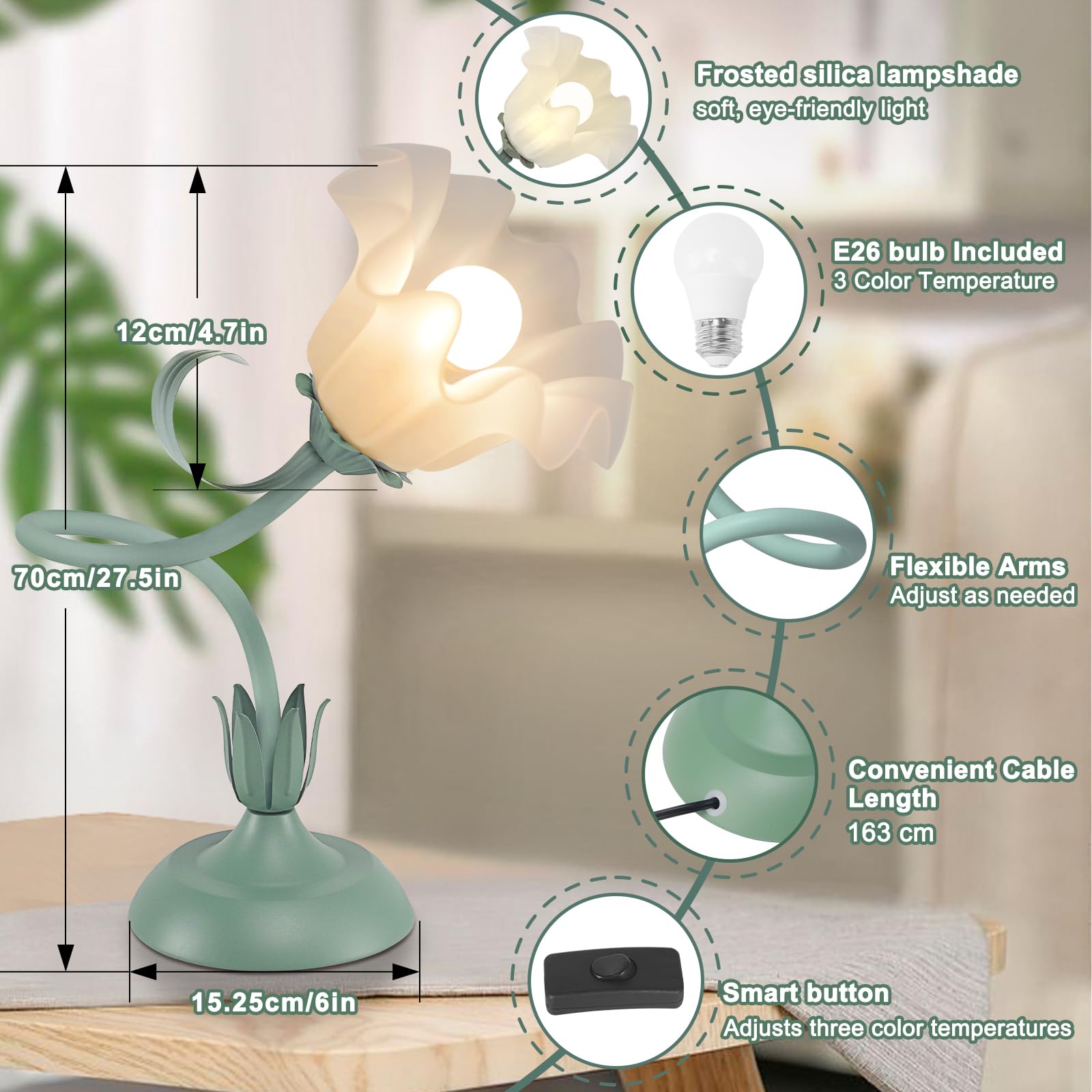 Lámpara de escritorio de flores, luz de lectura LED, luz nocturna de flores vintage, 3 modos de colores, lindas lámparas de noche, decoración de sala de estar, dormitorio, habitación, iluminación 5