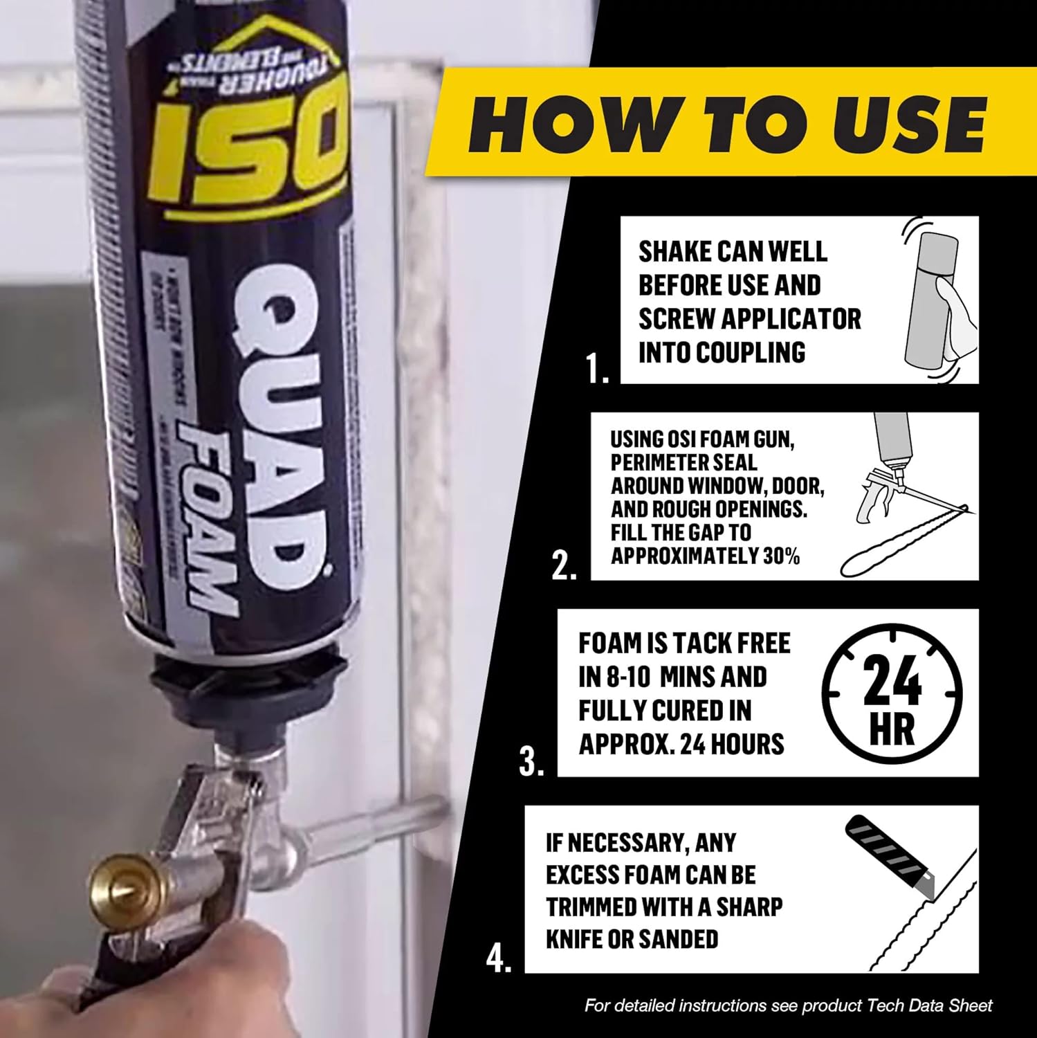 OSI Quad Foam Window and Door Installation Foam, Pale Yellow Insulating Sealant, 21.1 oz Can, Pack of 12