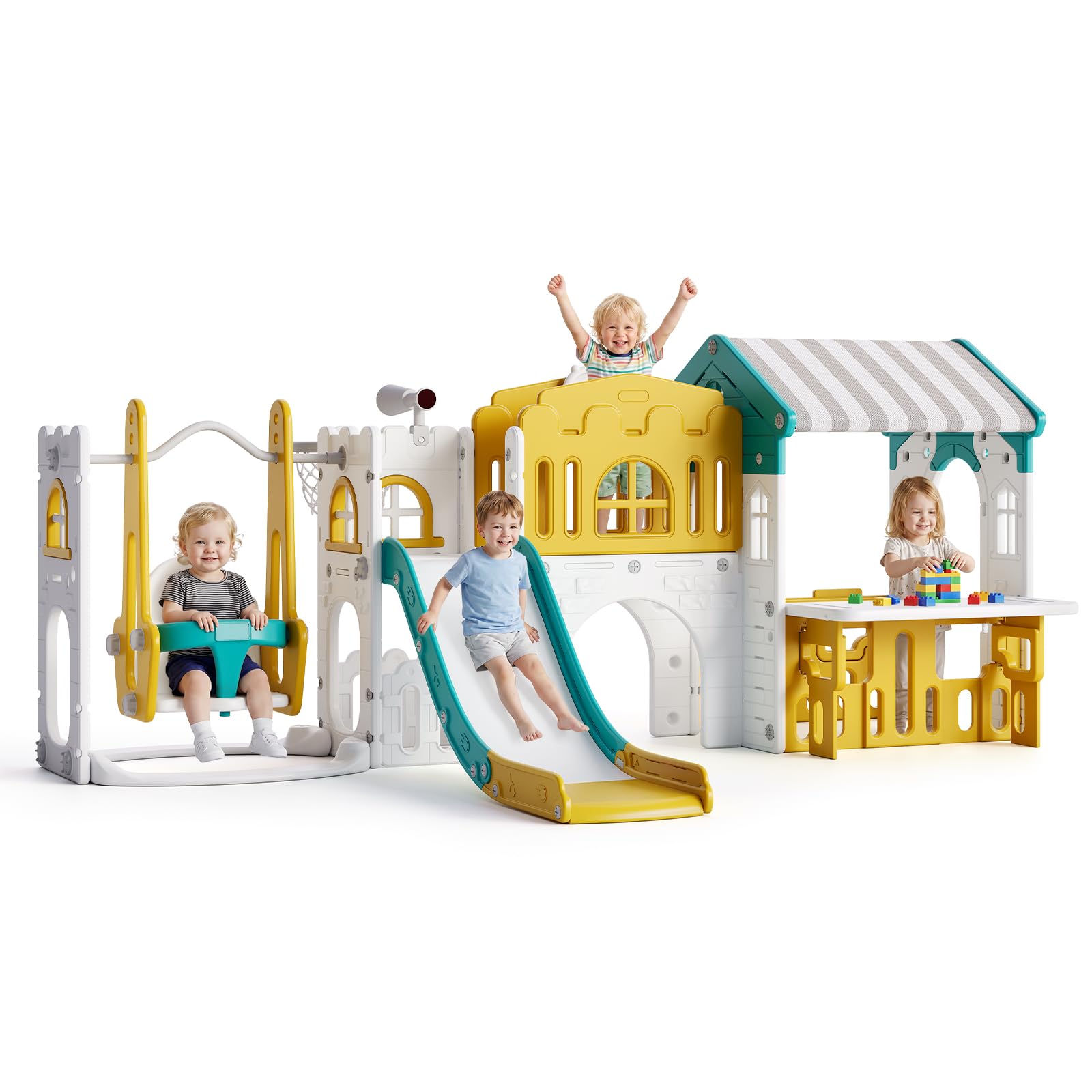 Photo 1 of Garvee 9 in 1 Kids Playhouse Slide Swing Set, Large Indoor Outdoor Toddler Activity Play Center with Climber, Basketball Hoop, Activity Table, Tunnel & Storage Space for 1-3 Years Old (Grey White)
