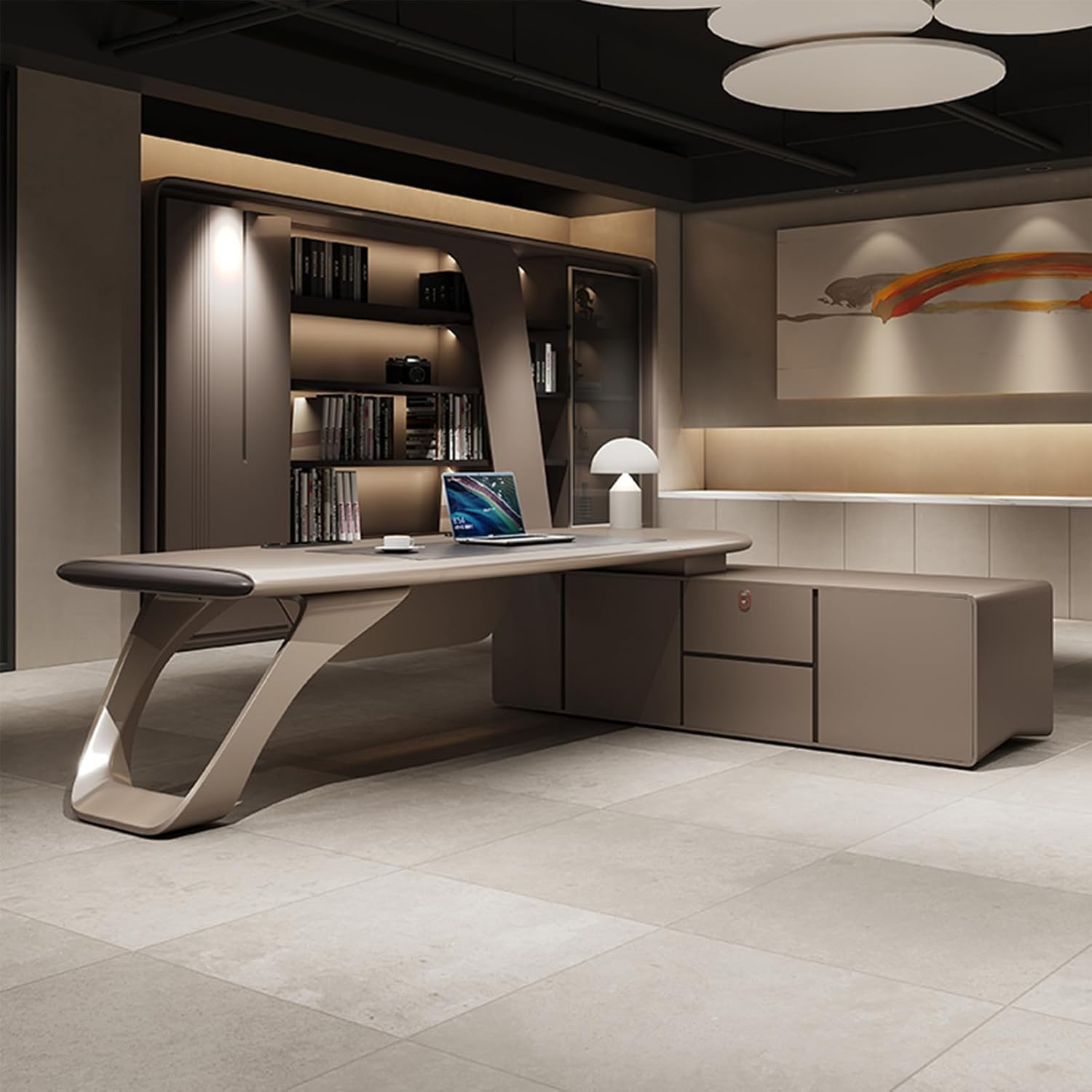 Modern Business Minimalist Computer Desk Home Office Desk with Lateral Cabinet Writing Study Table Business Furniture Set for CEO Boss