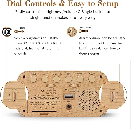 Miniatura 2 de Reloj despertador digital dual para dormitorio, 0-100% atenuador, modo día de semanafin de semana, fácil de configurar, cargador USB, volumen de