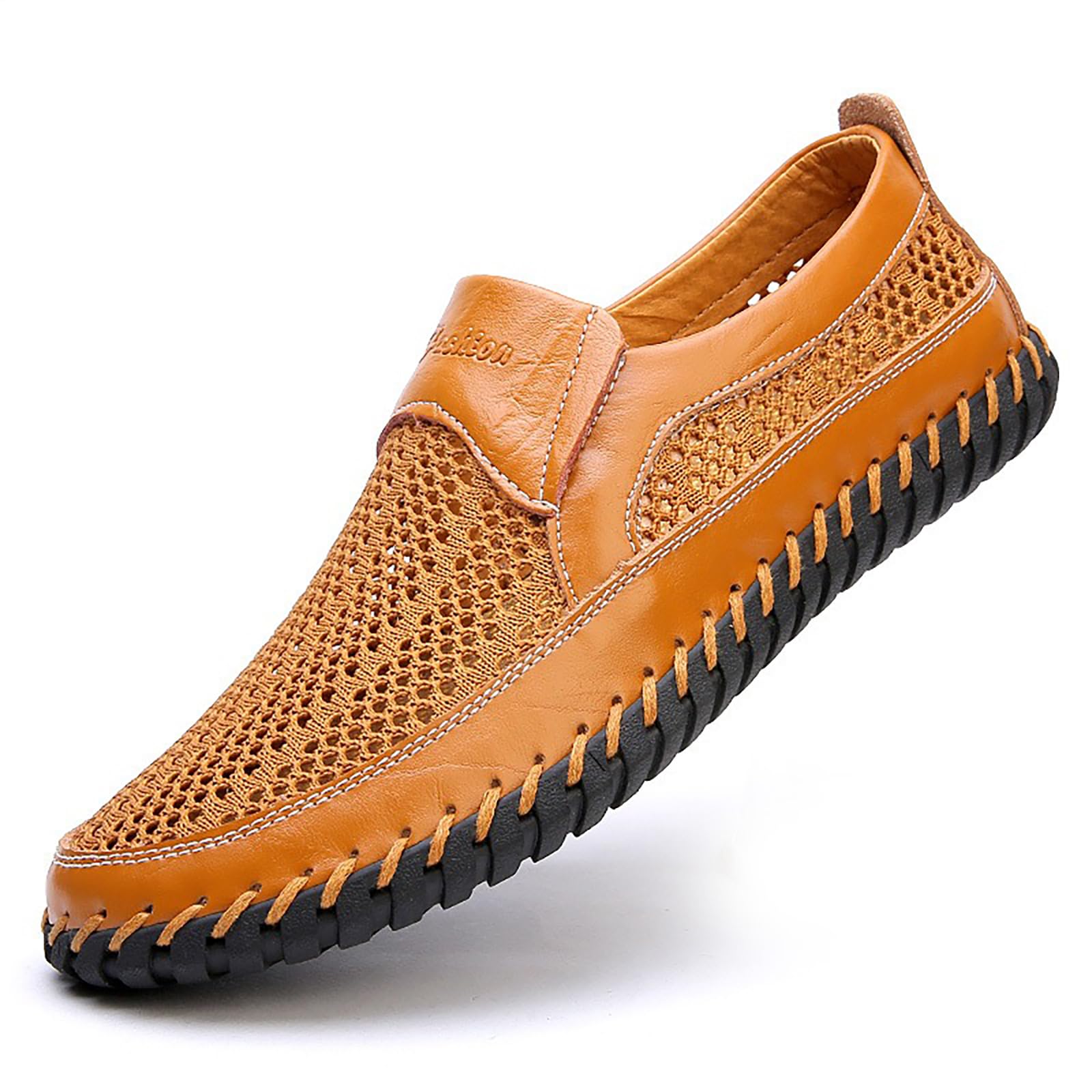Handgefertigte Herren-Wanderschuhe, Rindsleder, atmungsaktiv, Netzstoff, Slip-On-Slipper, Outdoor, Strand, Sommer, rutschfest, flache Wasser-Sandalen, Übergröße
