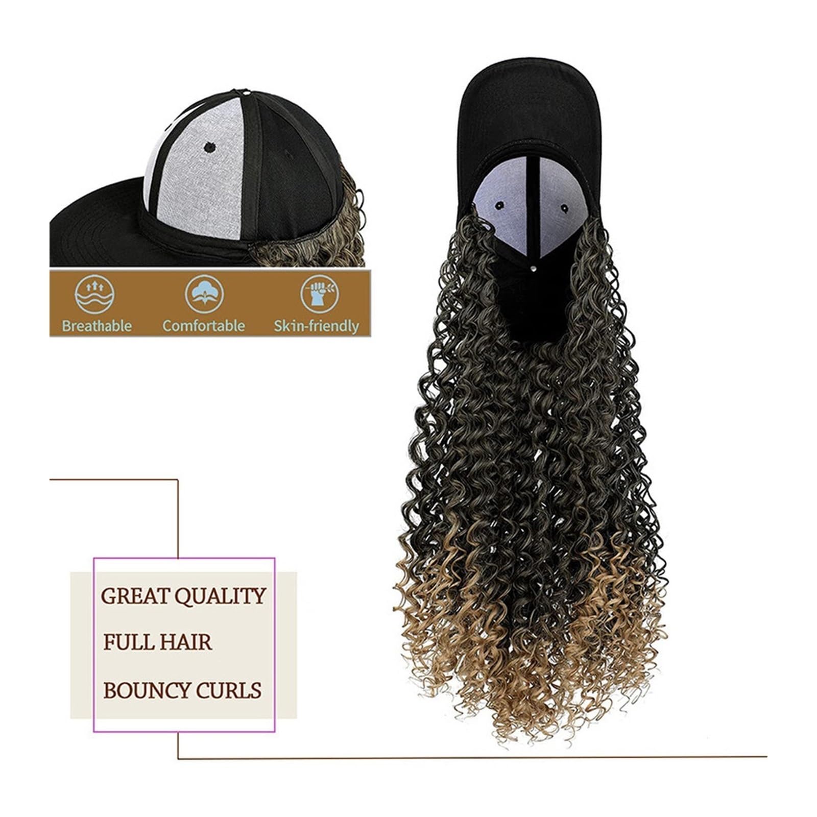 Wig Cap Sombrero de pelo sintético rizado Peluca Pelucas negras largas Conectar con gorra béisbol Sombreros peluca for mujeres(2)