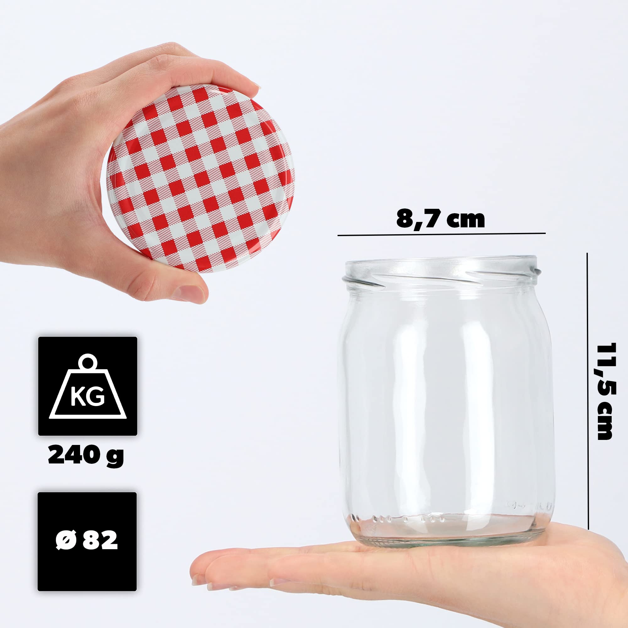 KADAX barattoli in vetro 540ml Ø82 a quadretti rossi – tappo a vite Twist-Off ermetico, per conserve, sottaceti, fermentazione e omogeneizzati