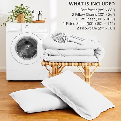 Miniatura 6 de Juego de edredón blanco queen, 7 piezas cama en una bolsa, juego ligero de ropa de cama queen, juego de 7 piezas para todas las estaciones, suave,