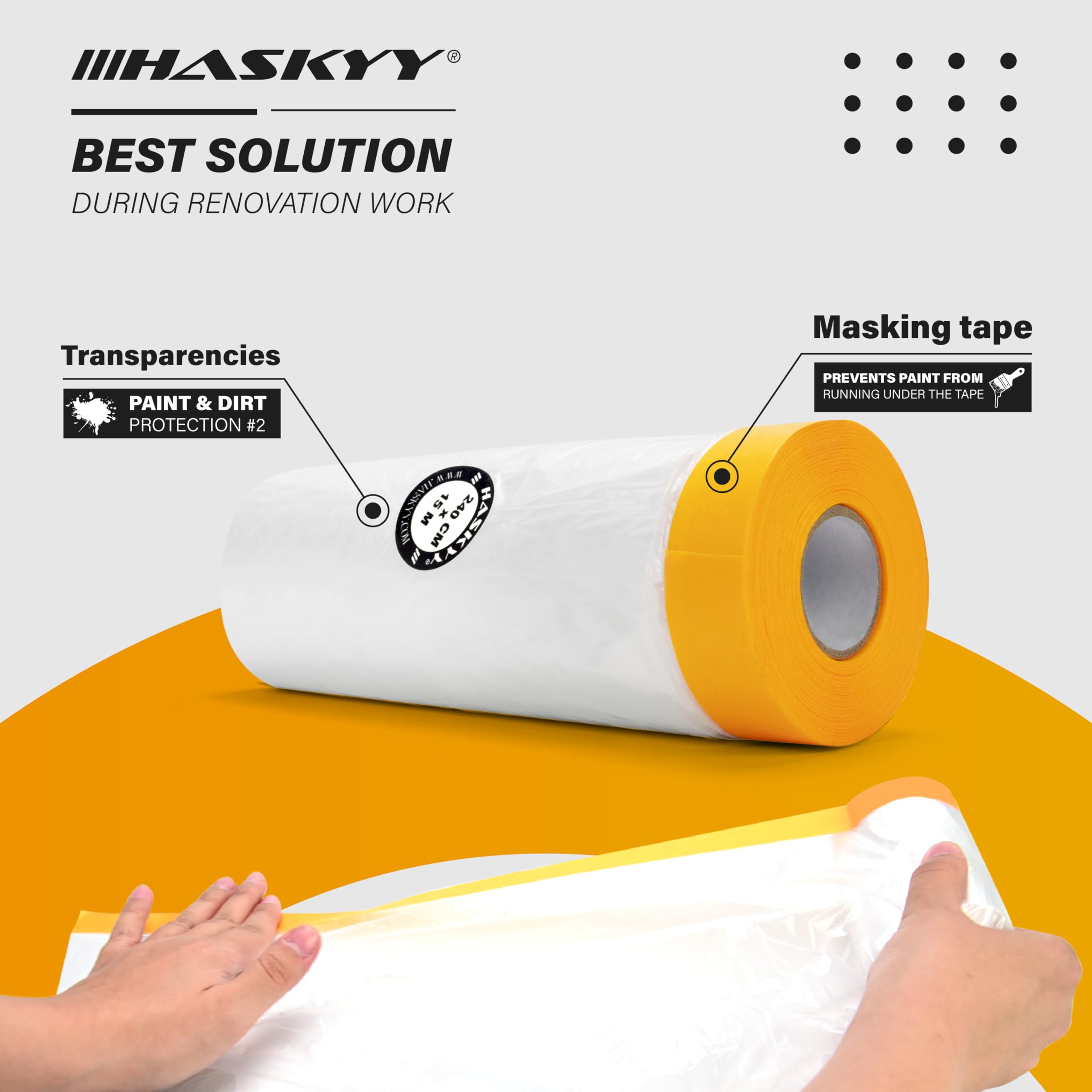 HASKYY 10 láminas protectoras para pintor, 240 cm x 15 m, cinta adhesiva de construcción, cinta dorada