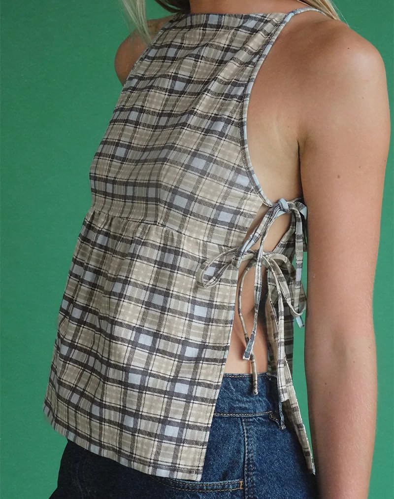 Women Y2k Babydoll Tank Top Cute Tie Up Front Sleeveless Peplum Top Vintage Plaid Cami Tops Coquette Streetwear - Image 2