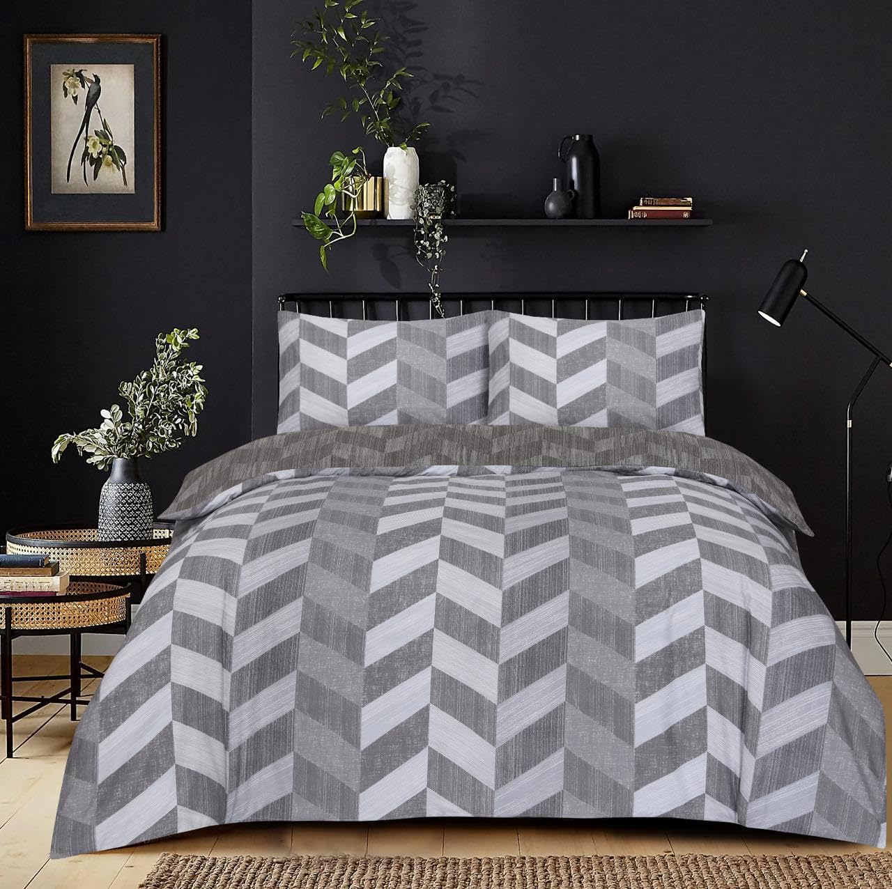 Complete Bedding Set Cotton Rich Printed Patchwork Floral Duvet Cover, Fitted Sheet & Pillowcases for Stylish Bedroom Décor and Easy Care (ZIGZAG GREY, Single)