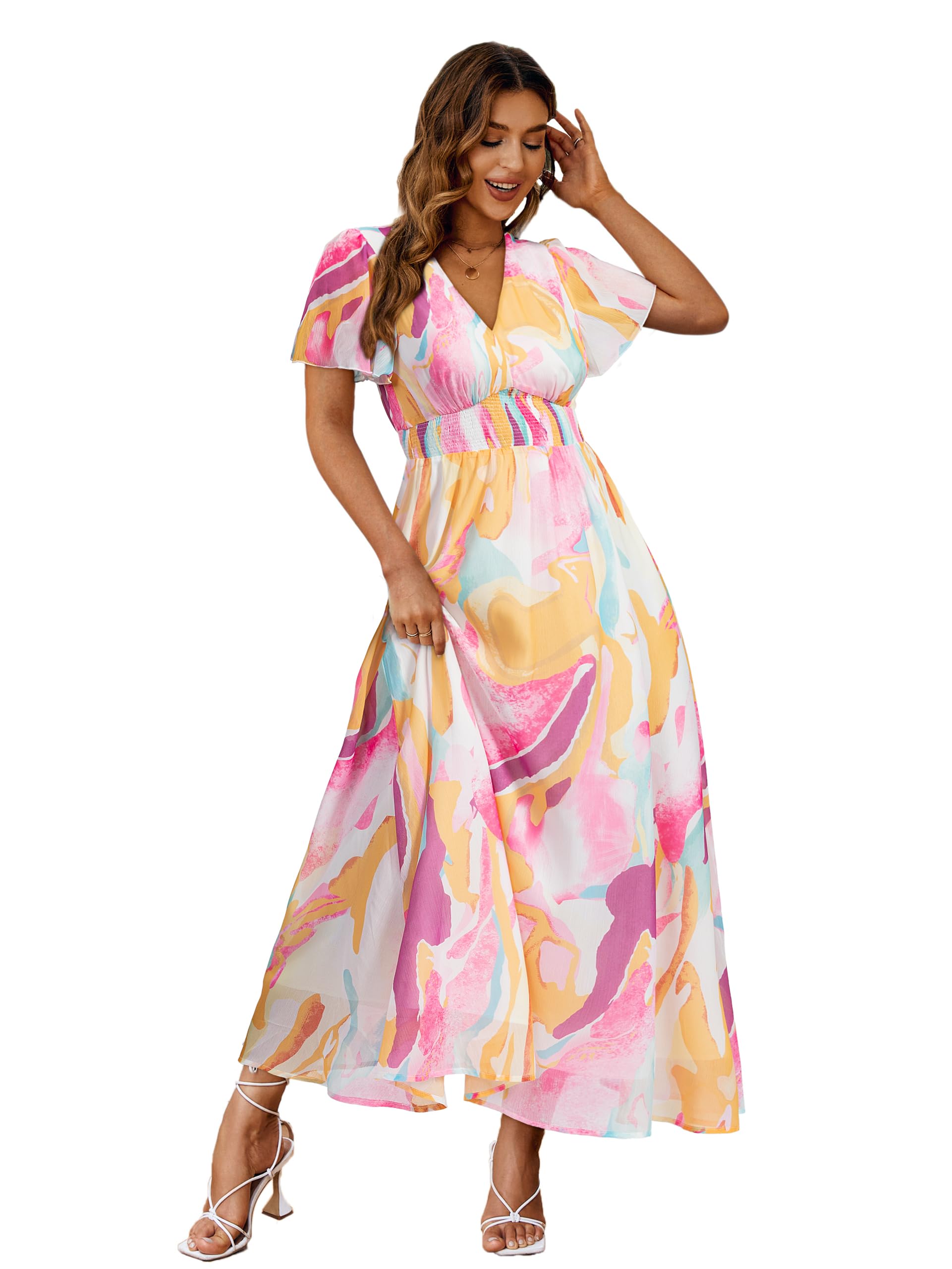Simplee Women's Boho Floral Maxi Dress Flowy Casual V Neck Short Sleeve Wedding Guest Holiday Beach Long Dress