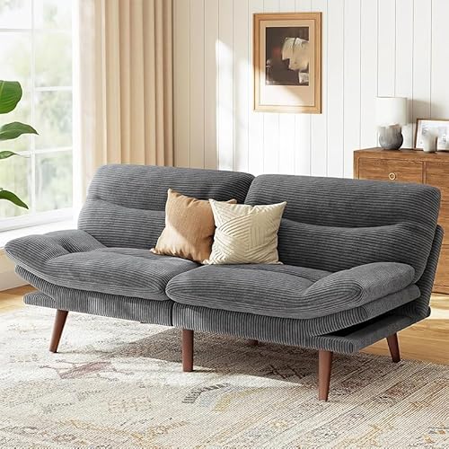 Convertible Futon Sofa Bed,Corduroy Futon Couch with Adjustable Backrest and Armrests, Recliner Sleeper Sofa for Small Spaces for Living Room, Bedroom, Apartment,Grey
