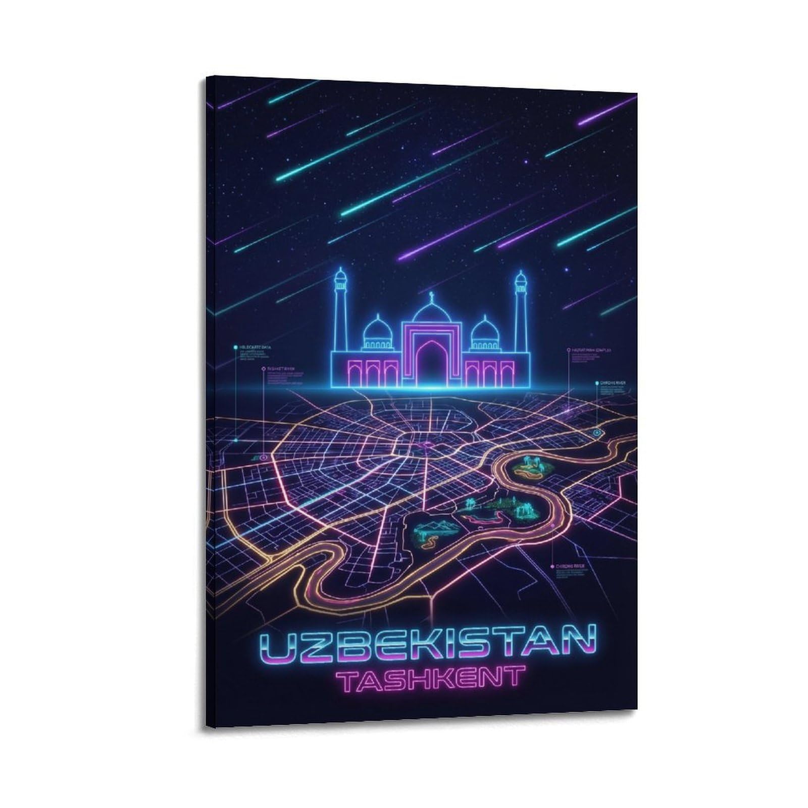 XKUGA Uzbekistan Hazrat Imam Neon City Synthwave Map Poster Modern Decorative Canvas Prints - Ideal Wall Art for Family, Man Cave, Game Room, Boys & Girls Bedroom 24x36inch(60x90cm)