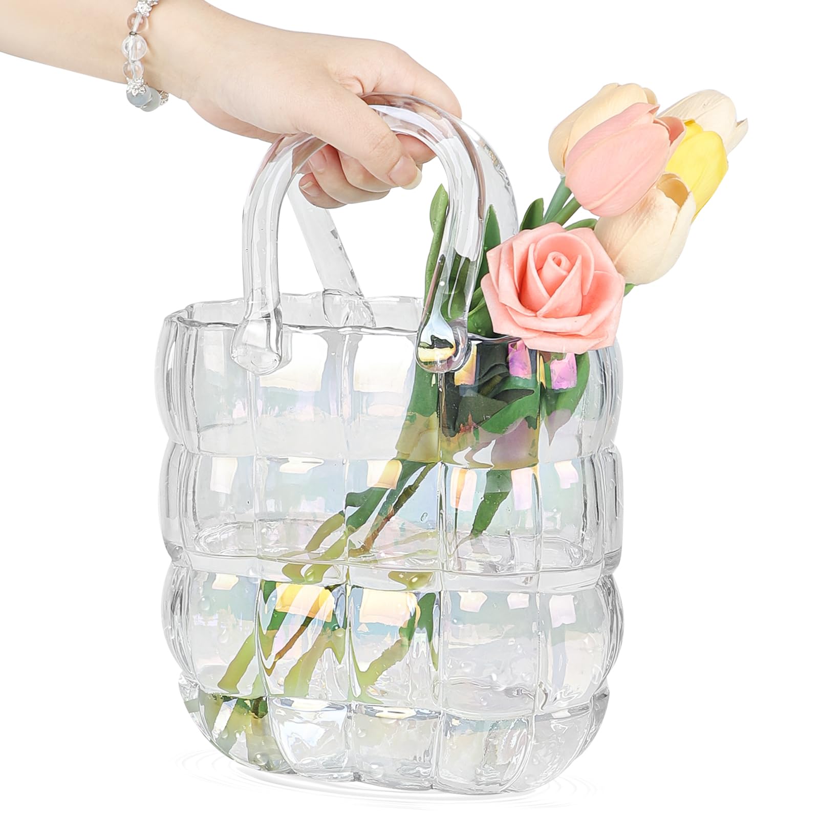 BestAlice Vaso A Forma Di Borsetta In Vetro – 19x27 Cm – Vaso Decorativo Per Fiori, Acquario O Centrotavola