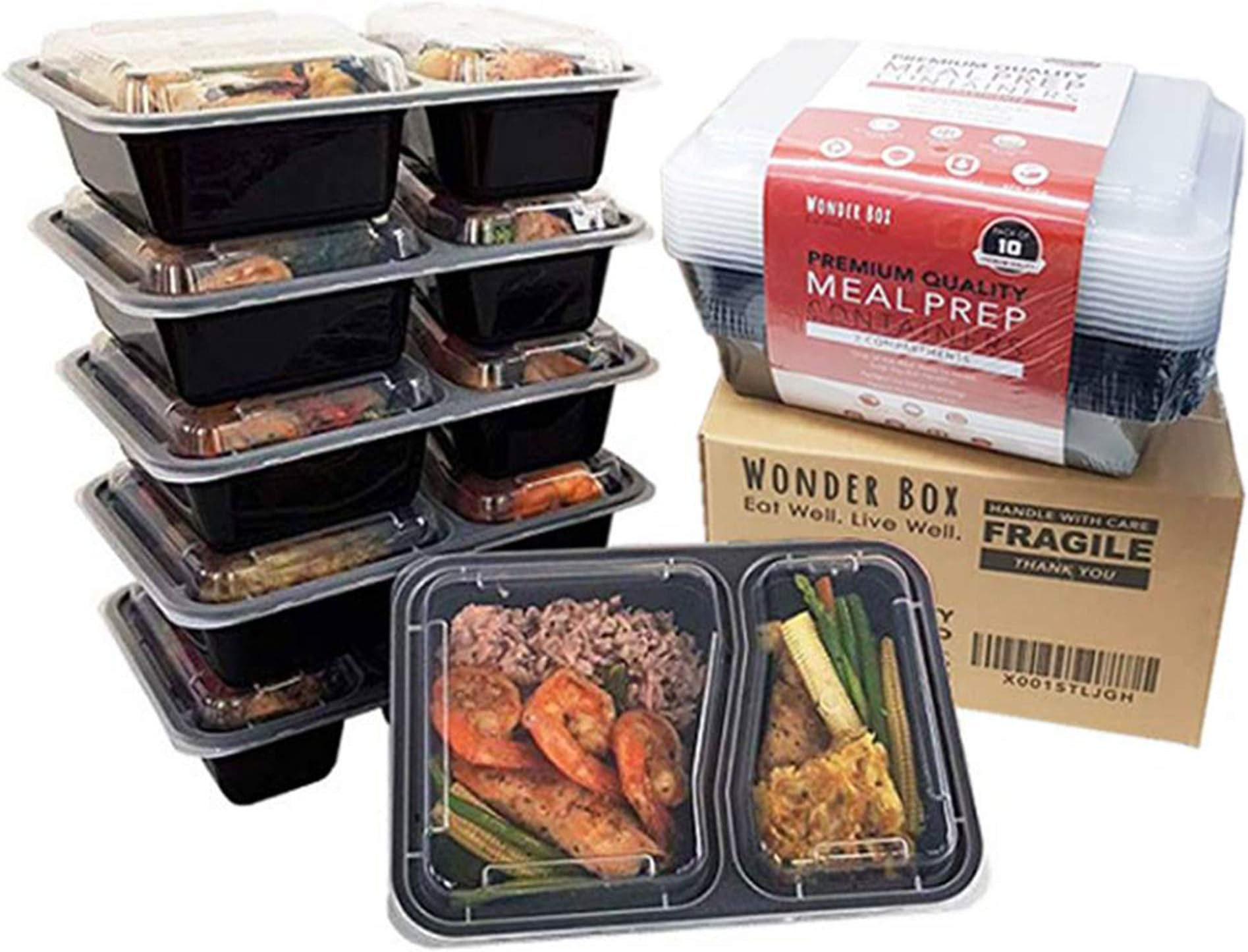 Wonder Box Portion Control Containers 2 Compartments (10 packs) for Meal Prepping Weight Loss Bento Lunch Box, Reusable Microwave Safe Freezer Safe