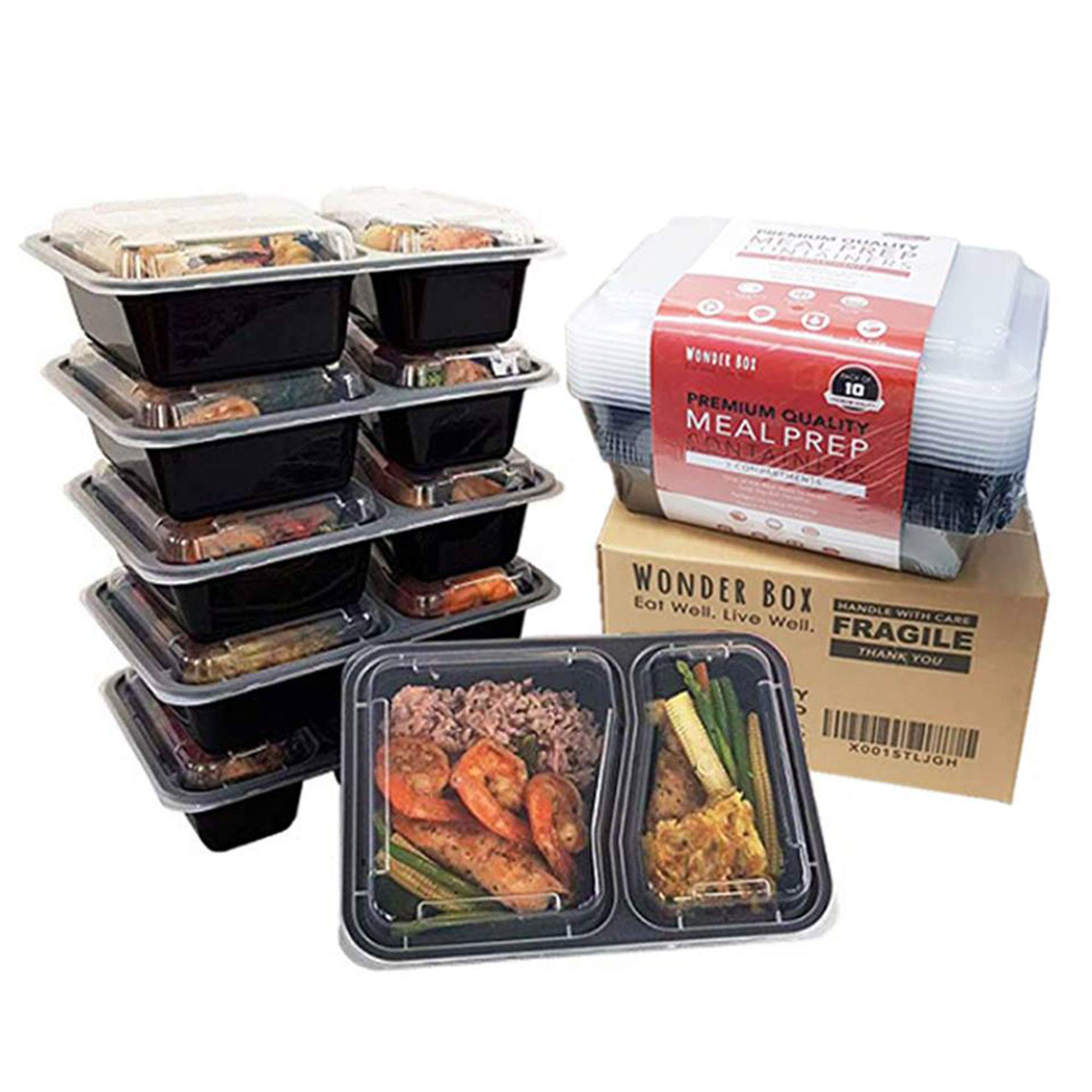 Wonder Box Portion Control Containers 2 Compartments (10 packs) for Meal Prepping Weight Loss Bento Lunch Box, Reusable Microwave Safe Freezer Safe