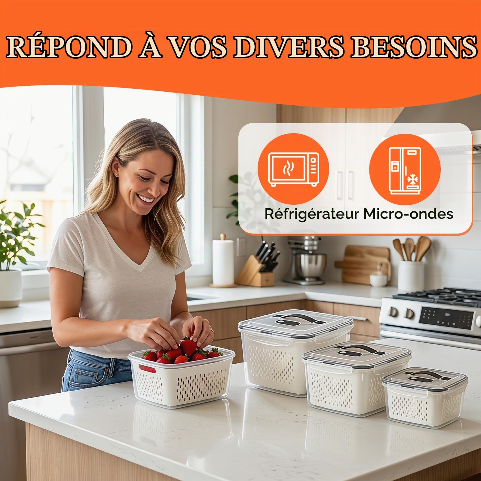 6 PC Boite Rangement Frigo, Organisateur Frigo（7.2L/4.55L/3.3L/1.85L/0.85L/0.38L） avec Passoire, Cloisons & Poignée, pour Salade/Légume/Fruit Fromage, BPA Free