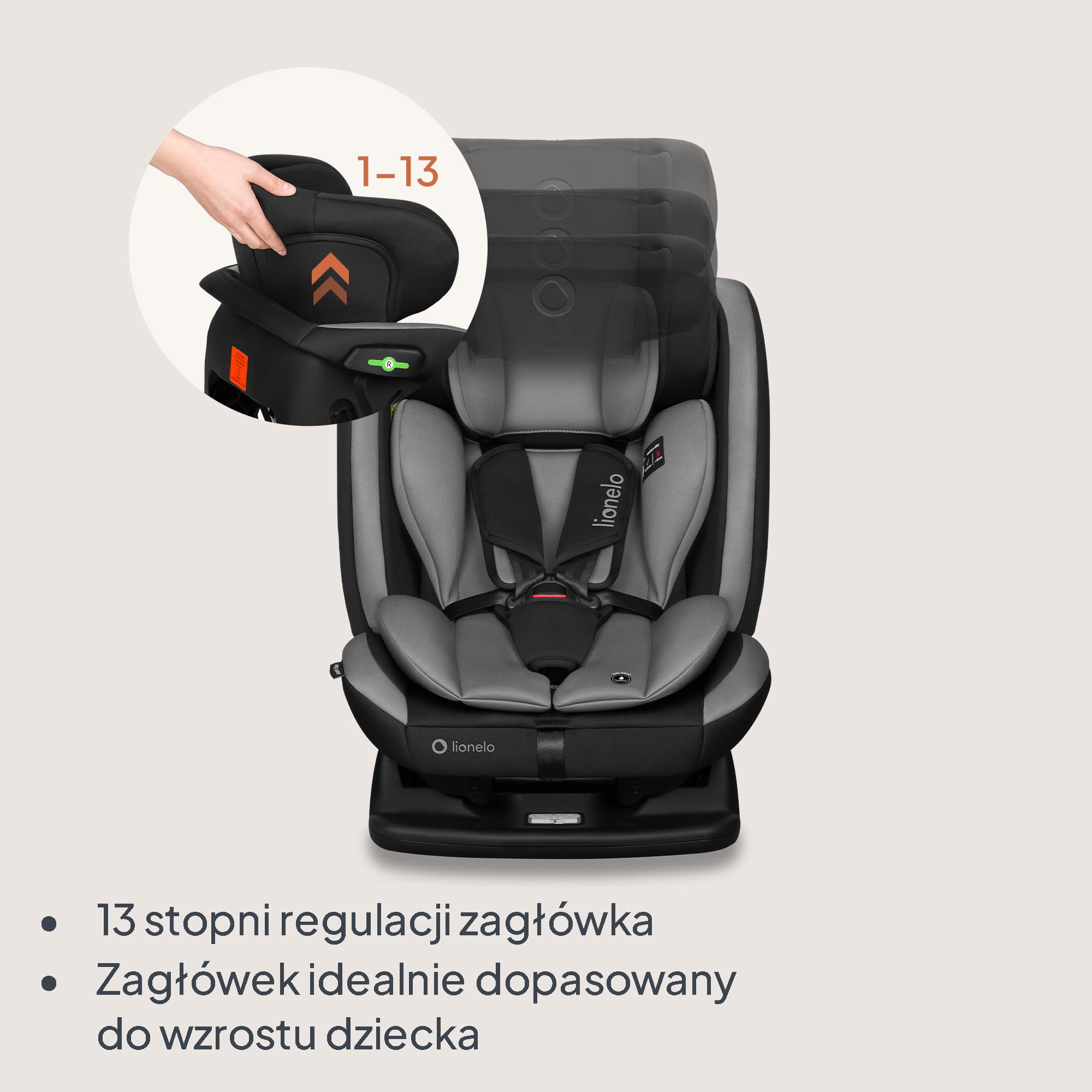 LIONELO AART I-SIZE Dziecięcy Fotelik Samochodowy 40-150 cm, Montaż Pasami Bezpieczeństwa, Regulacja Zagłówka i Pochylenia, Wkładka Lędźwiowa i Redukcyjna, Norma R129 i-Size (Szary)