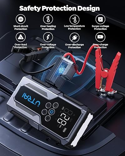 Miniatura 7 de UTRAI - Arrancador de coche con compresor de aire, 4000A 150PSI, arrancador de coche de 12V, arrancador de coche portátil con luces LED, cable de
