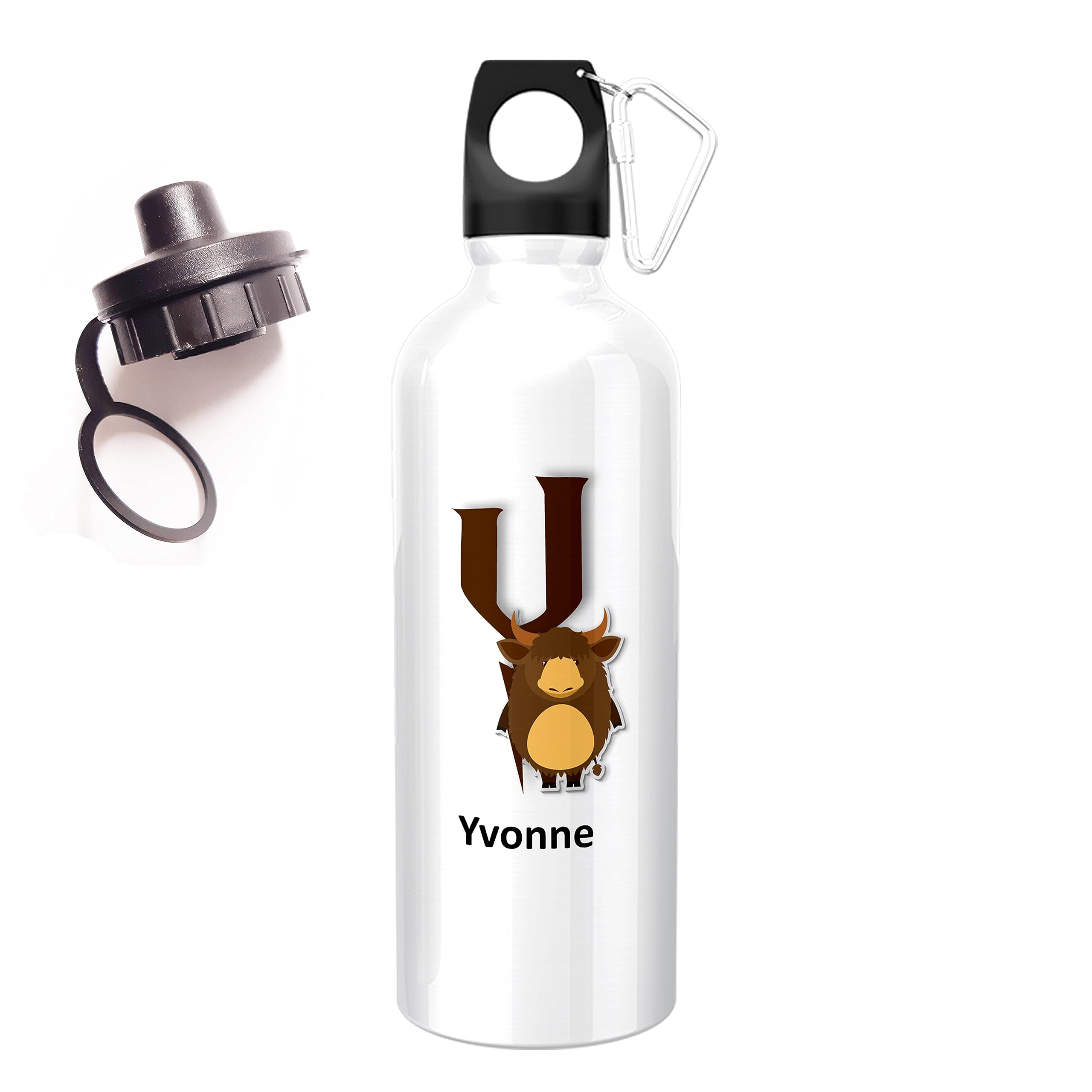 ShopQuality4U Personalised Gift 500ml Water Bottle Animal Yak Initials with Screw Cap and Carabiner