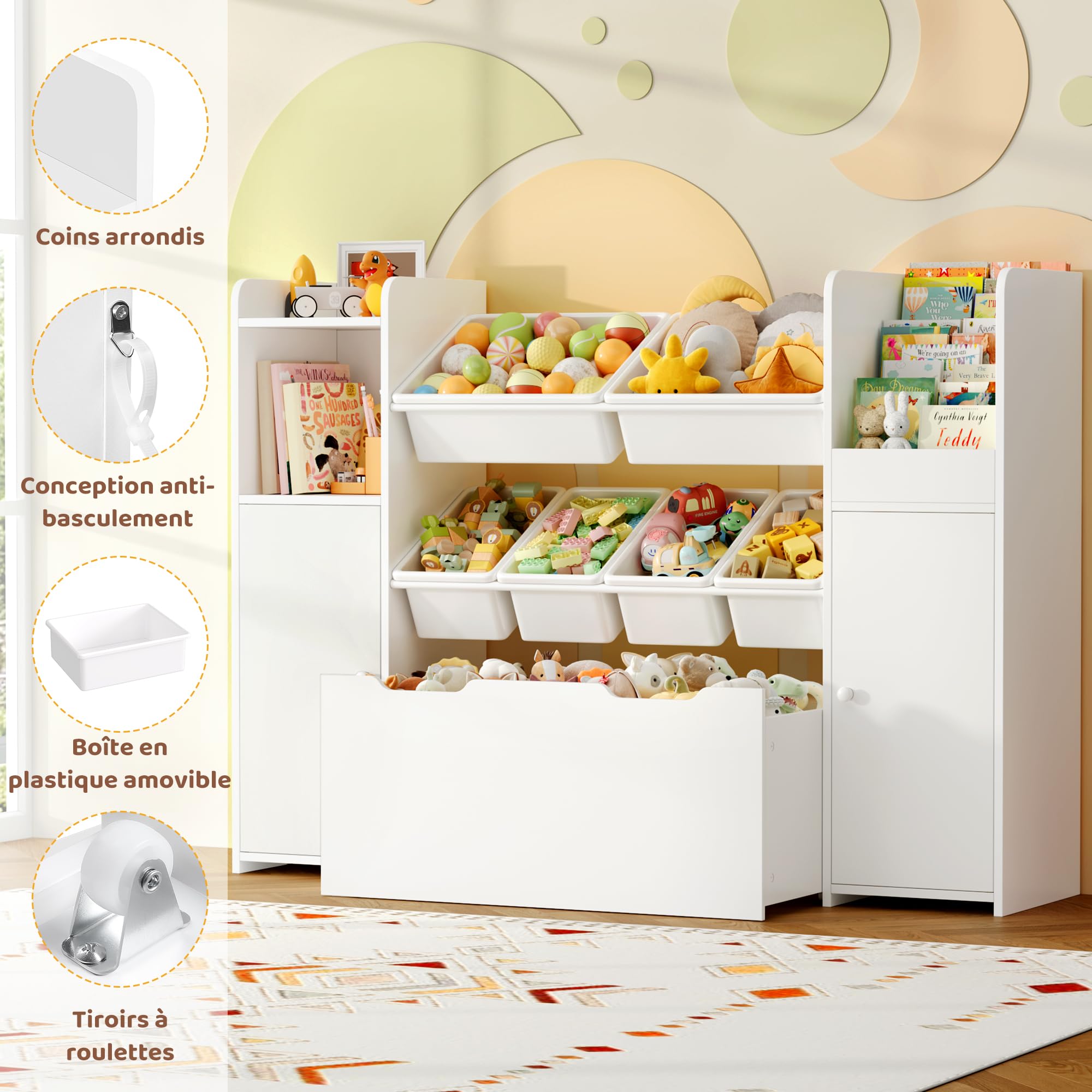 FOREHILL Meuble Rangement Enfant avec 6 Boîtes Amovibles 138x30x94cm Blanc | Bibliothèque chambre d'enfant avec 9 étagères 1 grand tiroir, Rangement jouet enfant et livres, Meuble enfant salle de jeu