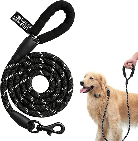Seven Star Pets Rope Dog Leash – 5 FT Durable Leash with Comfortable Padded Handle, Highly Reflective Threads for Safety, Standard Thickness, Ideal for Small to Medium Dogs – Sleek Black Design