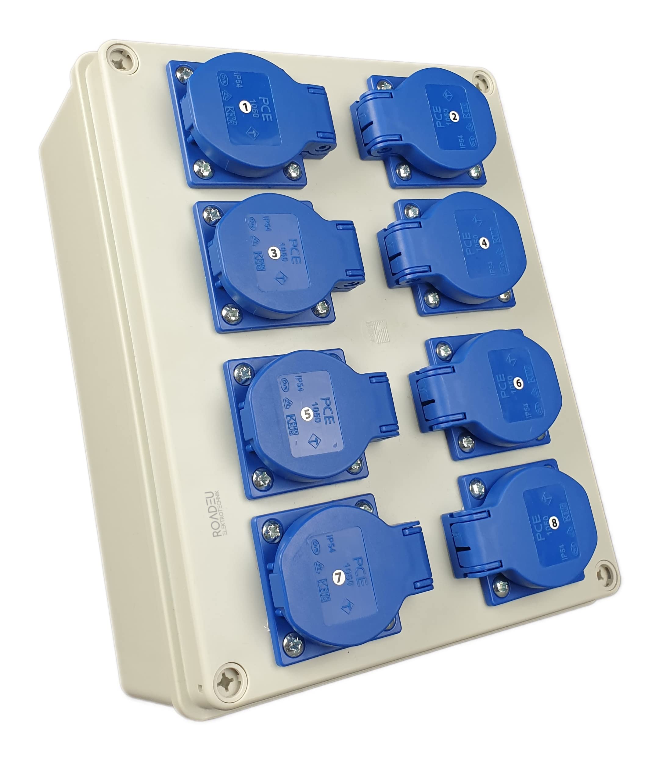 RoadEu Coffret de distribution mural 230V – 8x prises 16A avec terre – IP44 précâblé – Boîtier mural pour intérieur & extérieur – Tableau de chantier robuste pour atelier, garage, bricolage