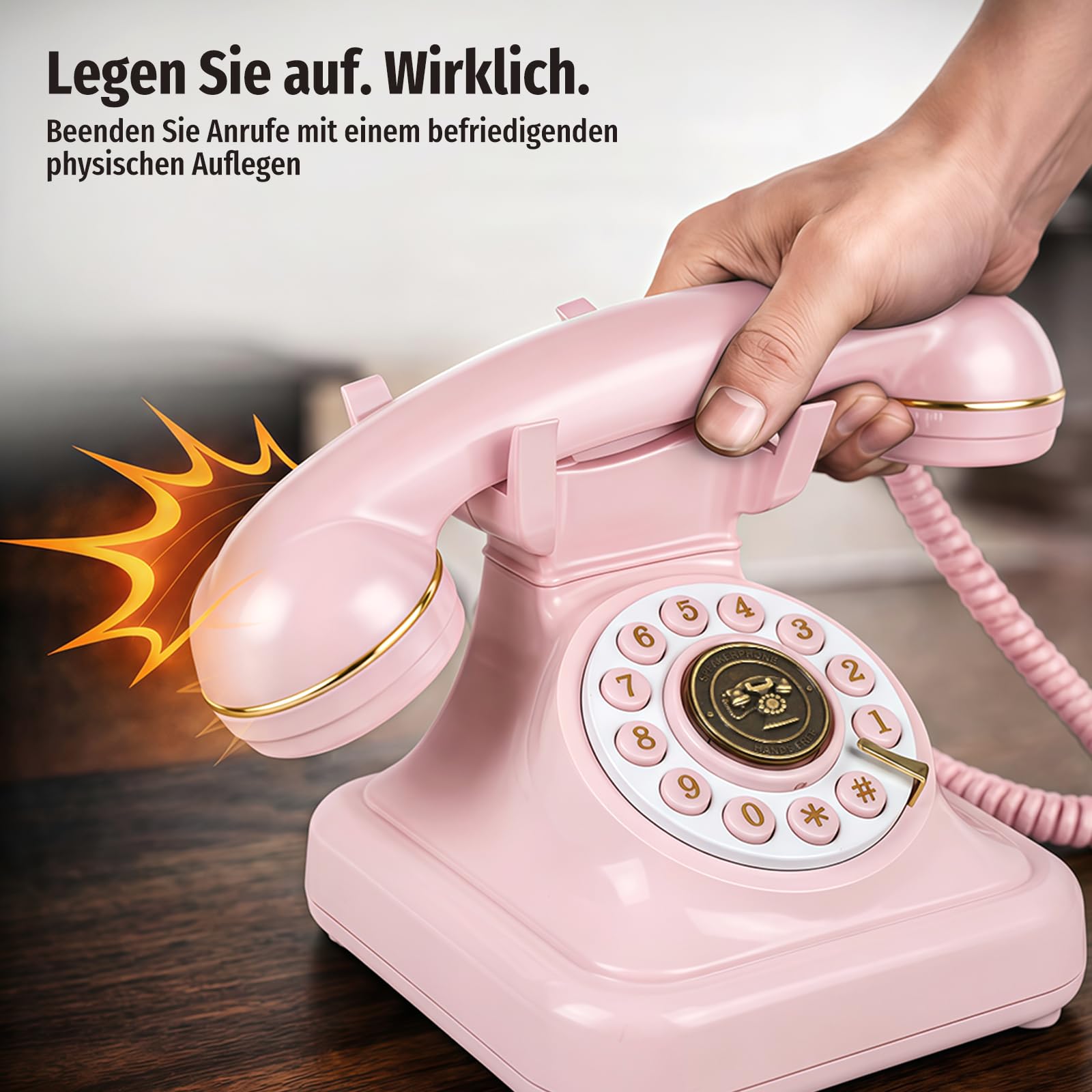 Bluetooth Retro Telefon mit Sprachassistent – Bluetooth Festnetztelefon & Handy‑Verbindung für Android & iOS, Drahtloses Retro Home Phone mit Freisprecher, Lautstärkeregelung & USB‑Akku,Rosa