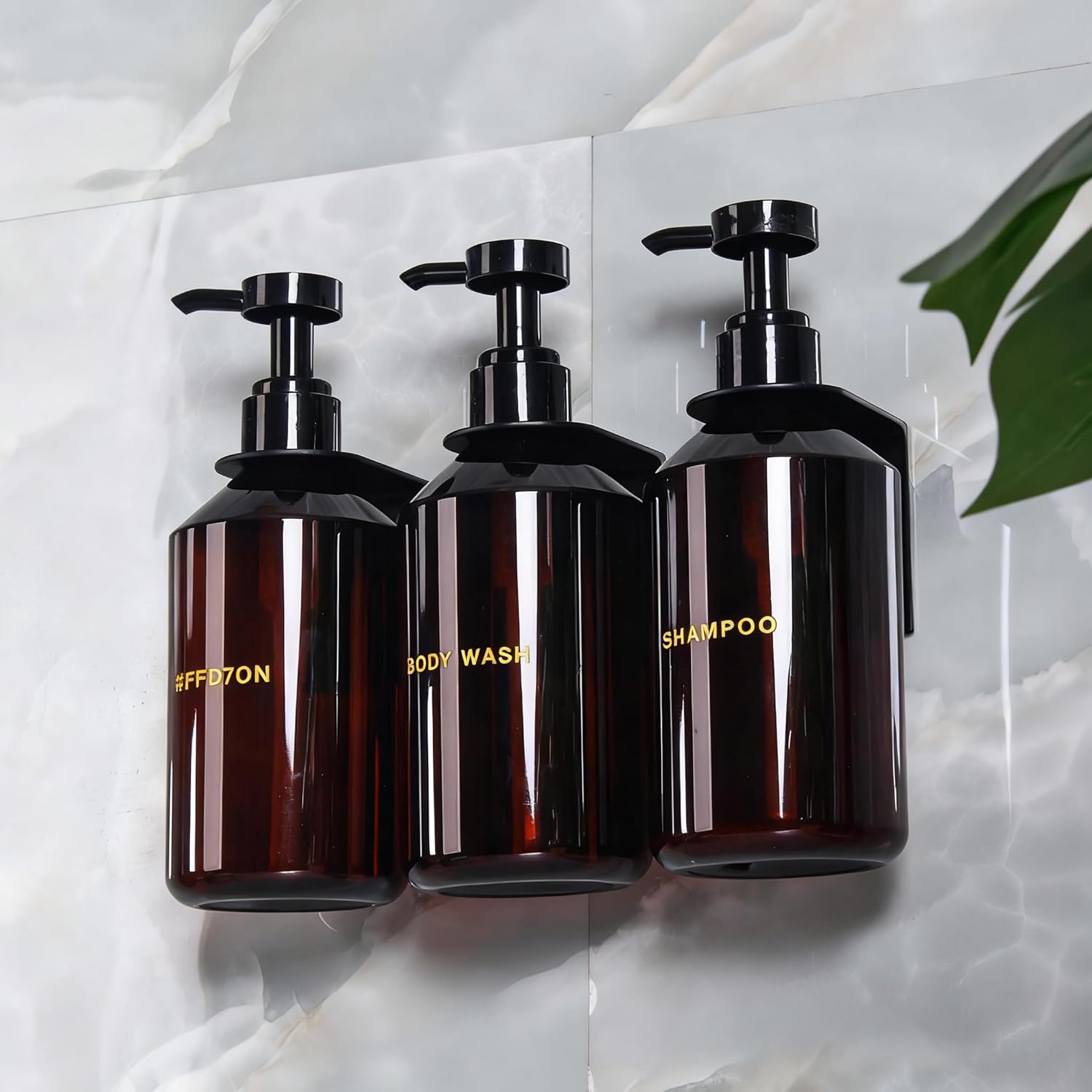 Wall Mounted Shampoo Dispenser for Shower, 3 Chamber 16.9 fl oz Each, 4CC Pump Soap Dispenser for Bathroom, Glossy Black Shampoo and Conditioner Dispenser with Crystal Labels (Brown) - Image 4