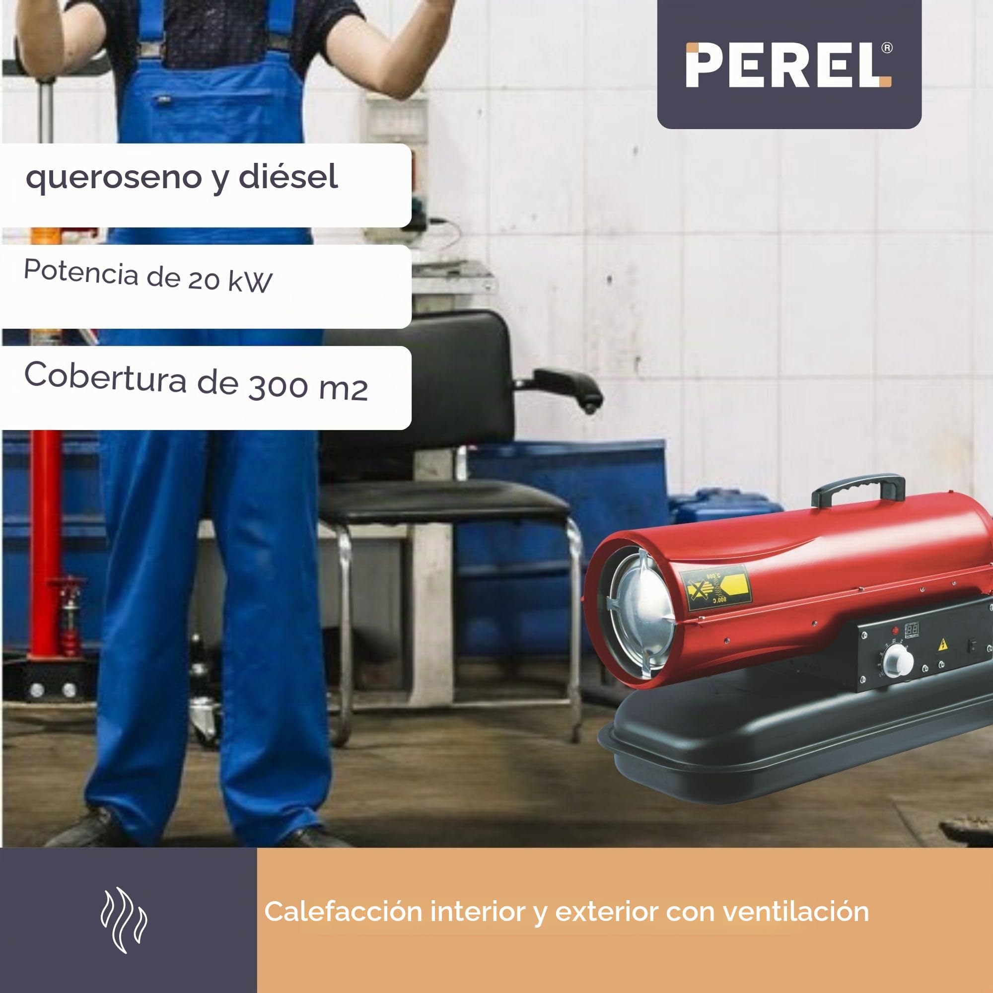 Perel - Calefacción de aire pulsado diésel/keroseno, para interiores y exteriores, calefacción portátil para obras de construcción, talleres, garajes y espacios industriales, bajo consumo de