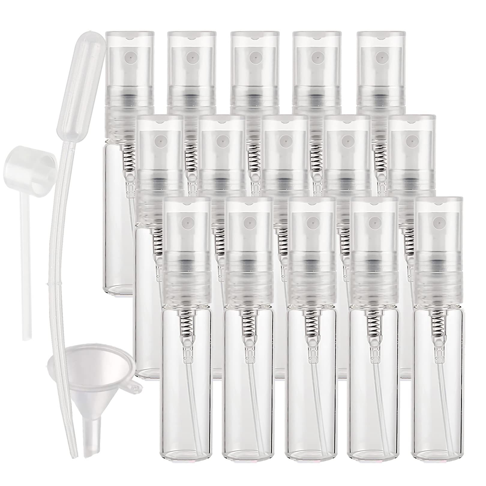 100 Piezas 5ml Botella de Cristal Transparente con Pulverizador, Vidrio Frasco con Bomba en Spray, Mini Spray de Bolsillo, Envase Cosmético Perfumes Viajes, Recargable y Embudo