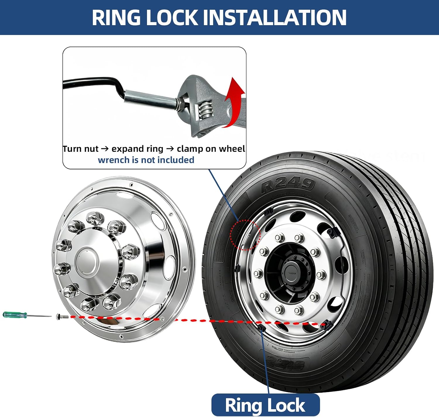 hightall 22.5" wheel simulators,stainless steel hubcaps,polished surface,2 front+2 rear wheel,locking ring installation wheel cover set compatible with us single rear axle semi truck 4 wheels 22.5 "for semi truck single rear axle