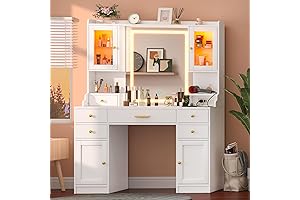6-Drawer White Vanity Desk with Mirror, Lights, and Charging Station