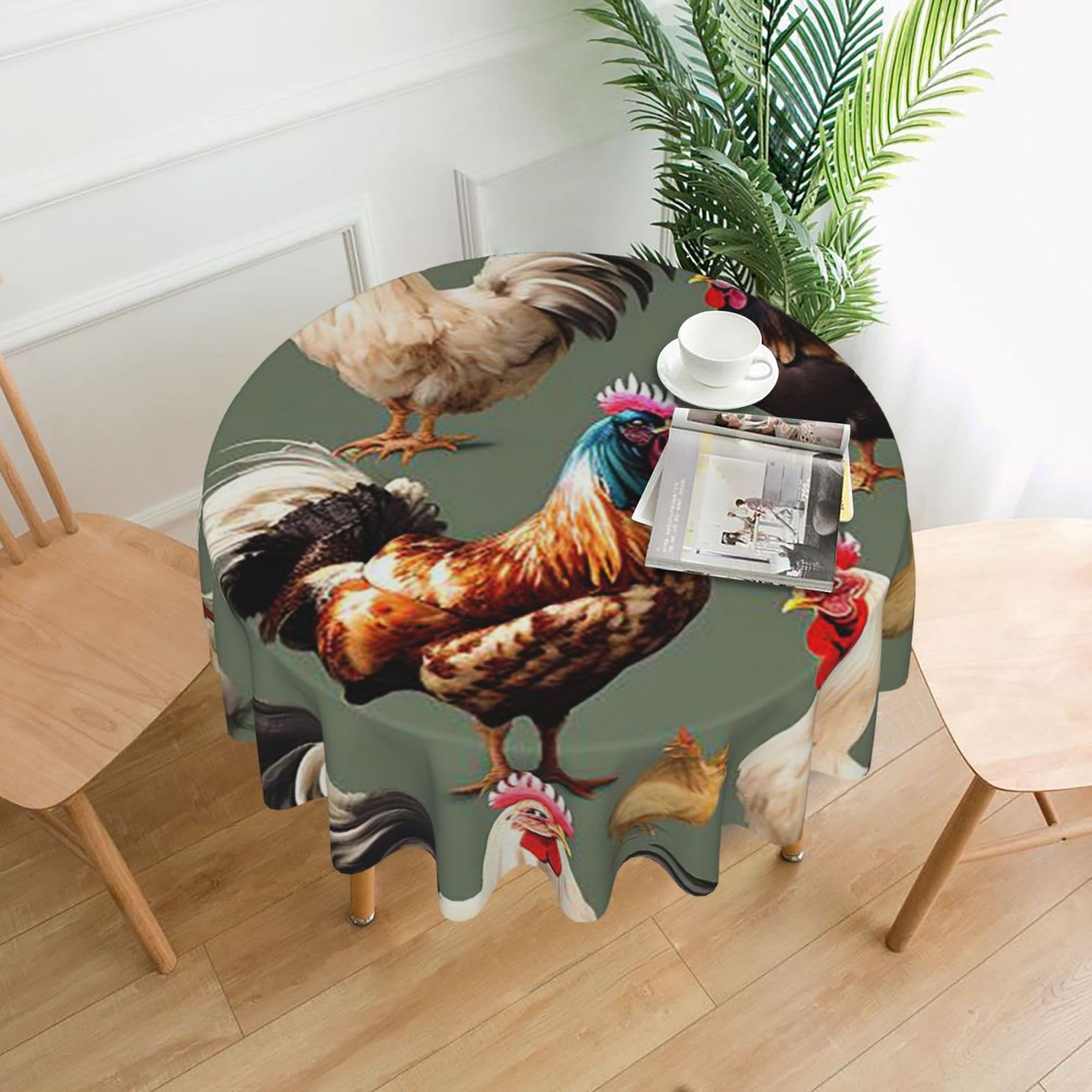 FodPand Chicken and Rooster Print Tablecloths for Round Tables 60 Inch - Reusable Washable Dining Table Clothes - Stain and Wrinkle Resistant Decorative Fabric Table Cover for Wedding Party