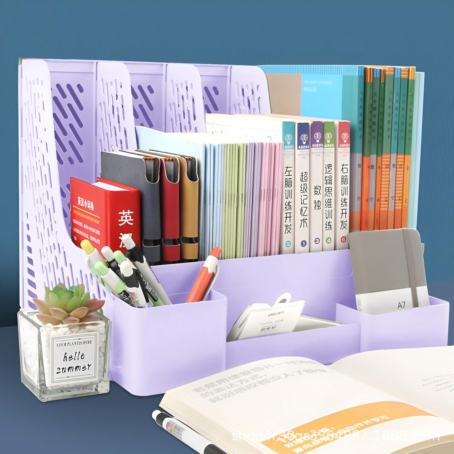 DaKos Portarotolo in plastica a 4 scomparti, organizer da scrivania, organizer per lettere, portapenne, riviste, libri, organizer (viola, confezione da 2)