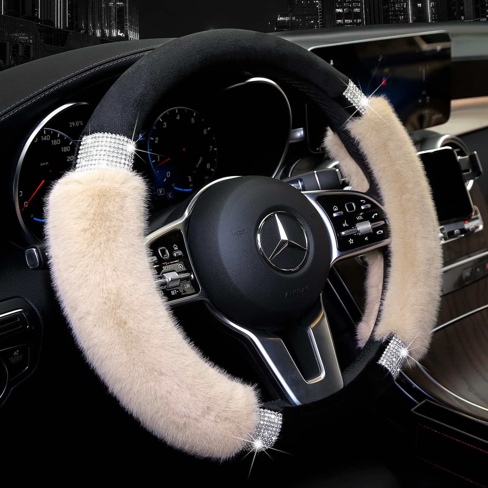 Photo 1 of Achiou Rhinestone Fluffy Steering Wheel Cover - Comfortable Non-Slip Luxury Faux Wool, Universal Fit for 14.5" to 15" Steering Wheels Black and White