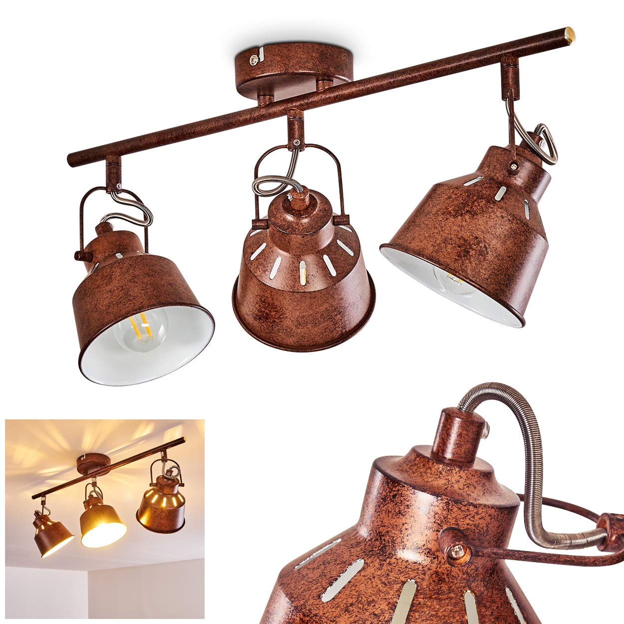 Hofstein Marrón Ceiling Lamp Safari, Metal Ceiling Lamp In Rust Brown/White, 3-Flame, With Adjustable Spotlights, 3 X E14 Socket, Retro/Vintage Design Spotlight, Bulbs Not Included