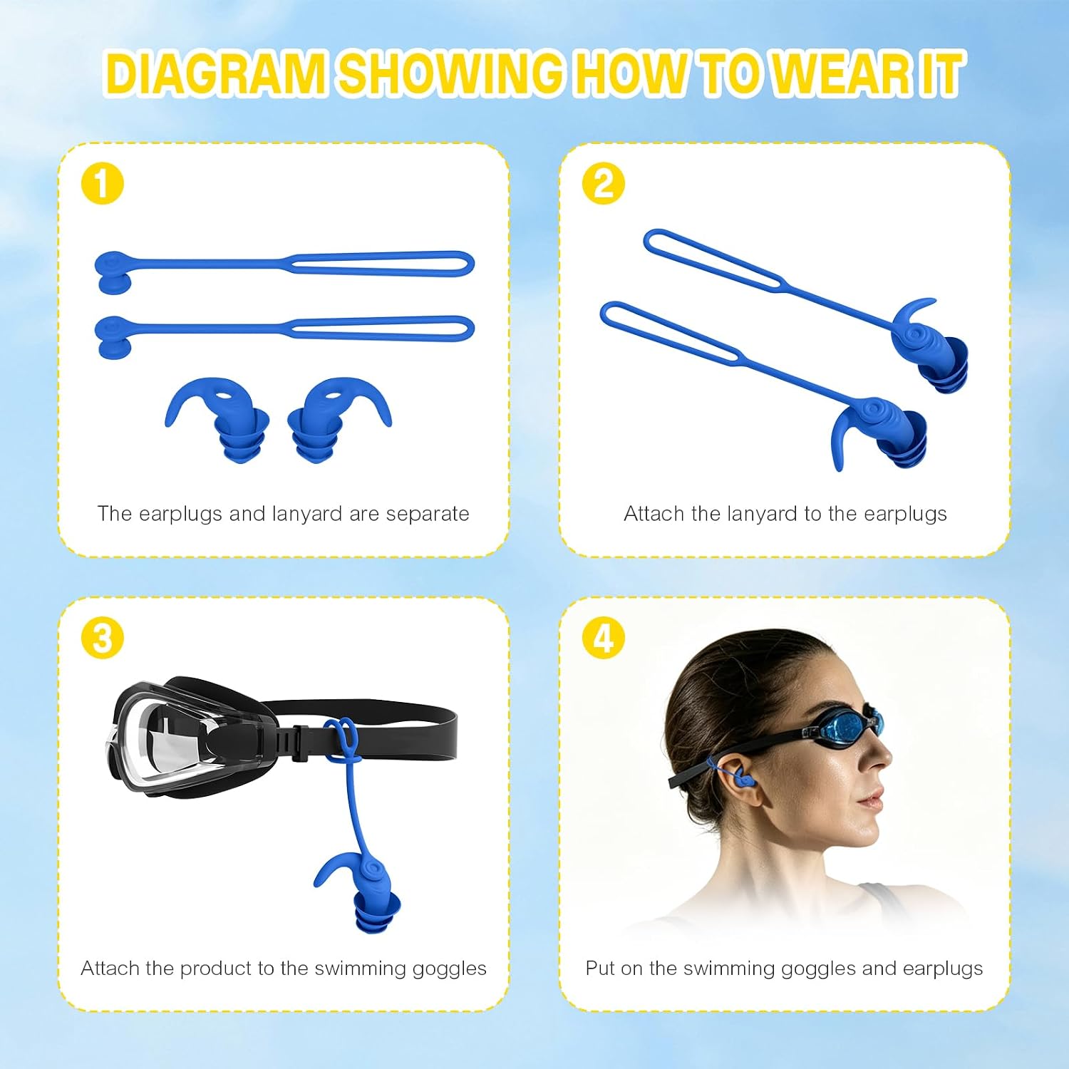 5 Pairs Swimming Ear Plugs, Triple Layer Waterproof Silicone Swim Earplugs with Detachable Lanyard for Swimming Diving Surfing ，Blue