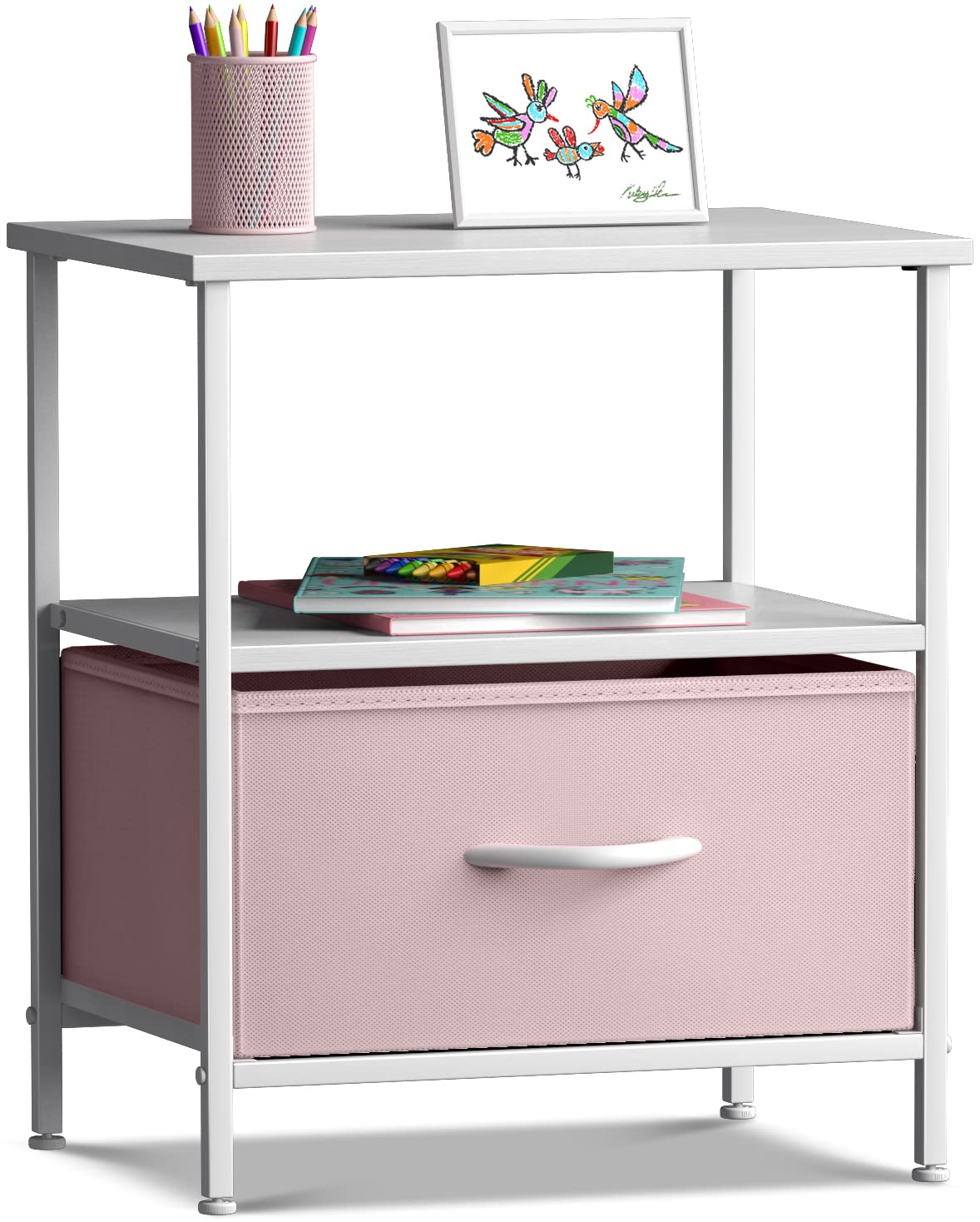 Sorbus 1 Drawer Shelf Storage Nightstand - Kids Bedside Furniture End Table Night Stand with Steel Frame Wood Top & Easy Pull Fabric Bins. Dresser &