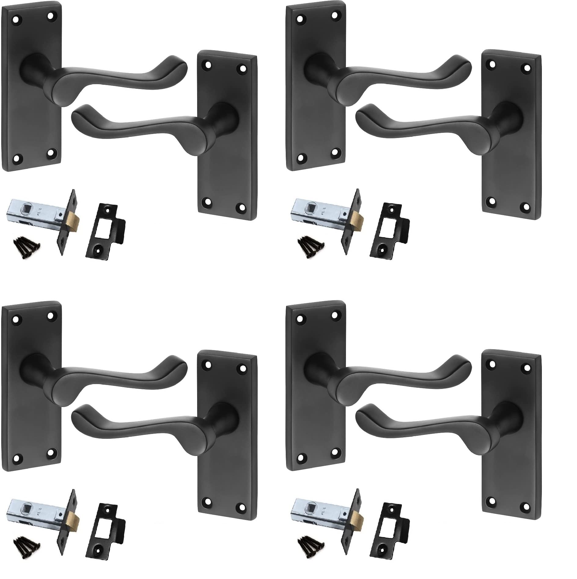 Golden Grace Premium Victorian Scroll Latch Door Handles with Latch Pack Set in Matt Black Finish, 4 Pack - 120mm x 40mm Backplate