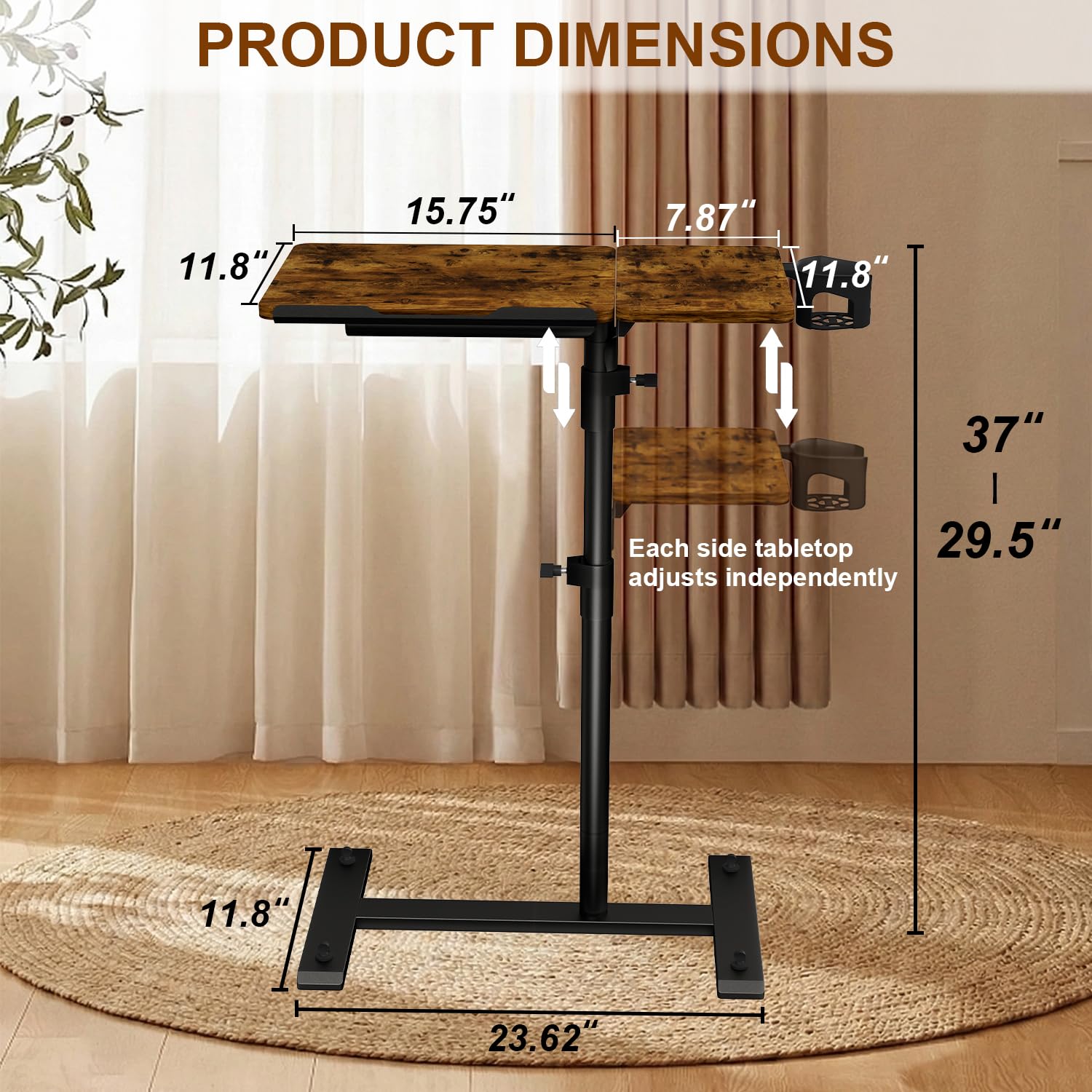 Aothia Table d'appoint réglable en hauteur avec roulettes cachées, table de soin pour lit, table d'ordinateur en bois, petite table de chevet, table de canapé, table de chevet pour salon, chambre à
