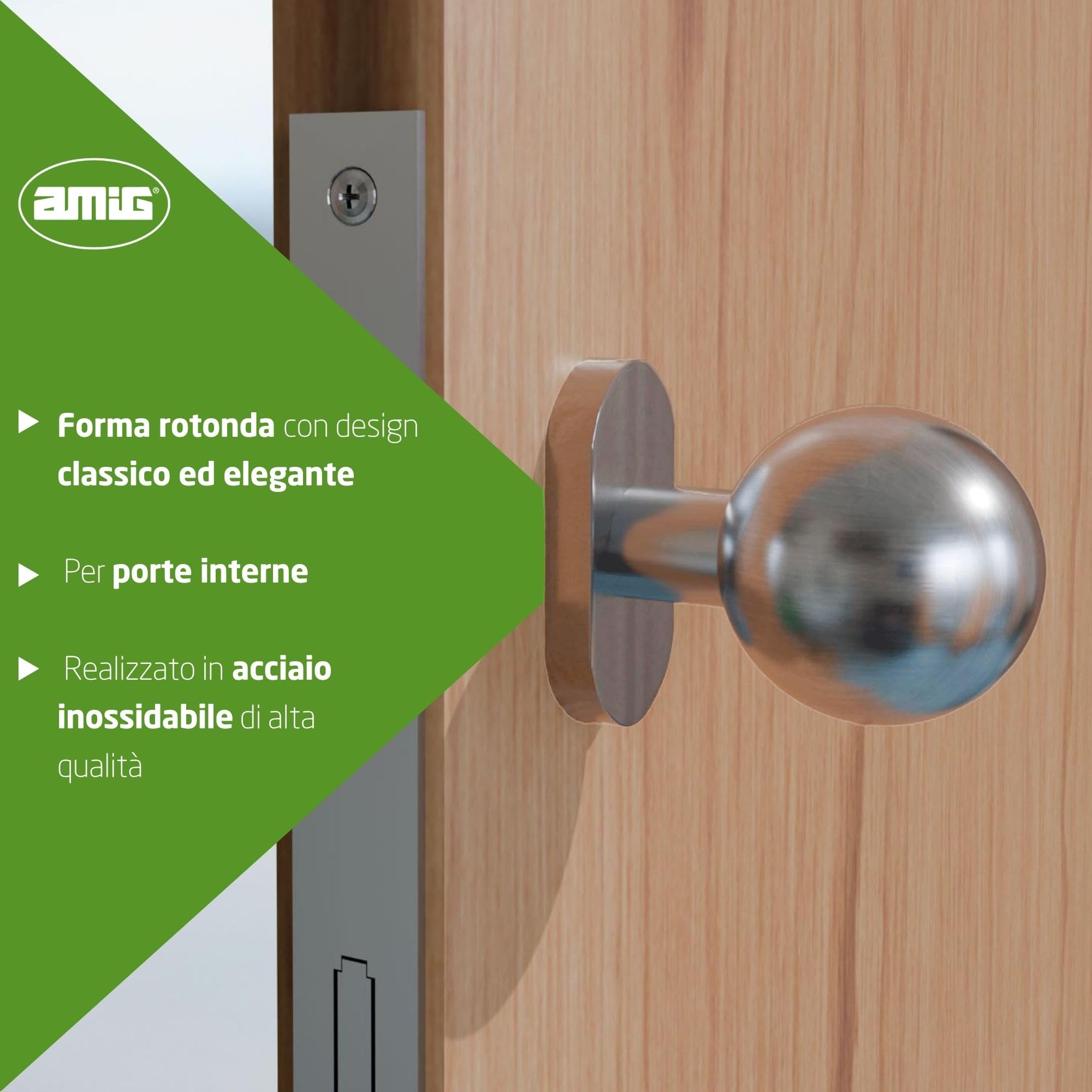 Amig - Pomolo Girevole per Porta Mod.11ALGR - Set di Pomoli con Rosetta, Impugnatura Ergonomica e Viti Antieffrazione - Ø62 x 77 mm - Acciaio Inox 18/8 - Satinato